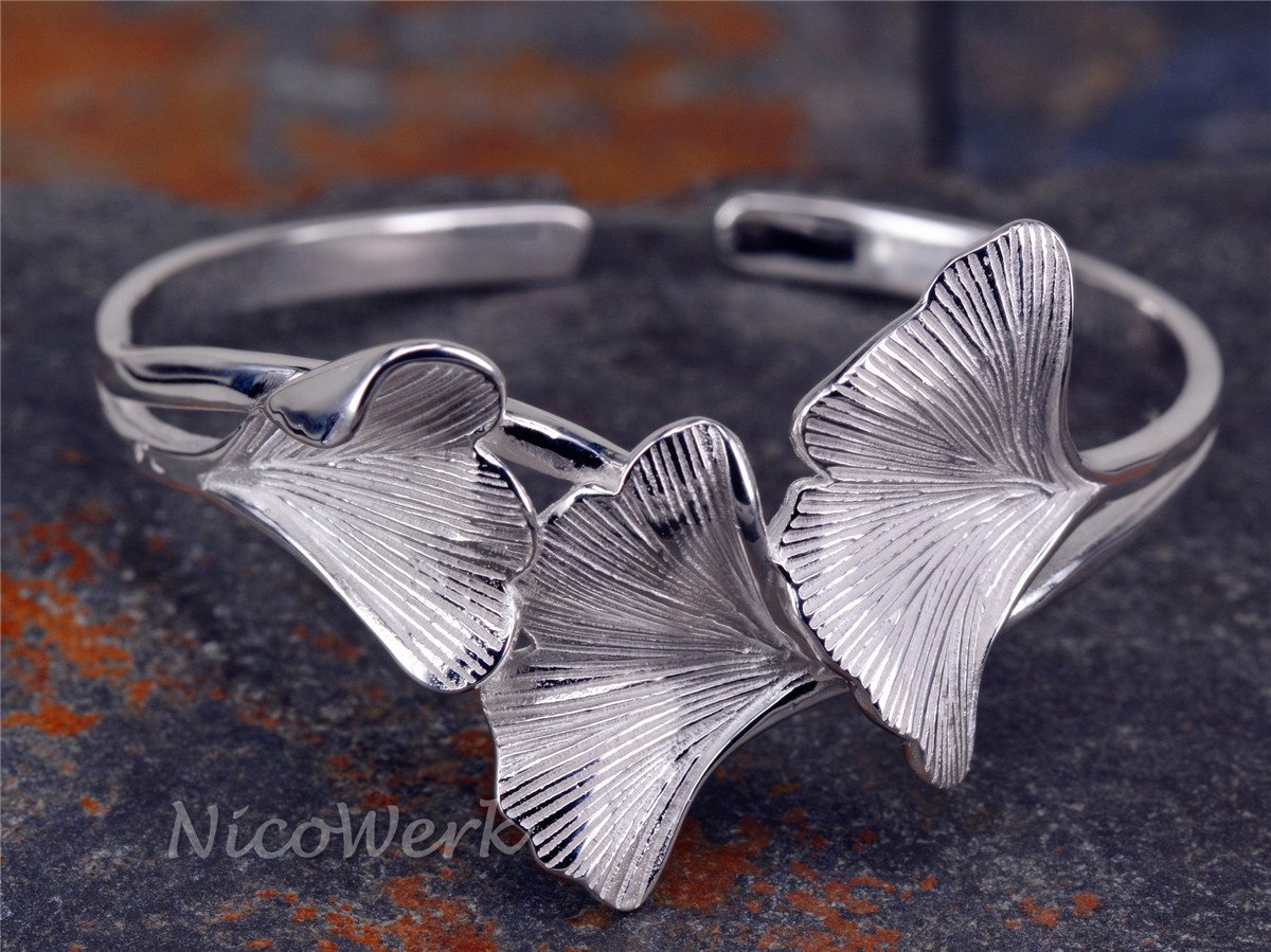 NicoWerk Silber Armreif Ginkgo-Blatt Ginko Natur Breit Matt Glatt Armspange Armband 925 Damen Schmuck Geschenk Sterling SAR117