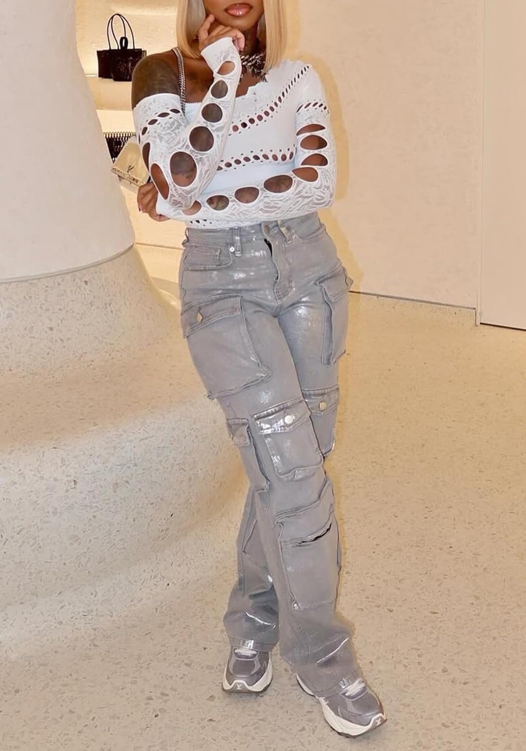 Unybwonn Women High Waisted Metallic Cargo Jeans Y2k Satin Sparkly Straight Wide Leg Denim Pants with Flap Pockets - Image 3