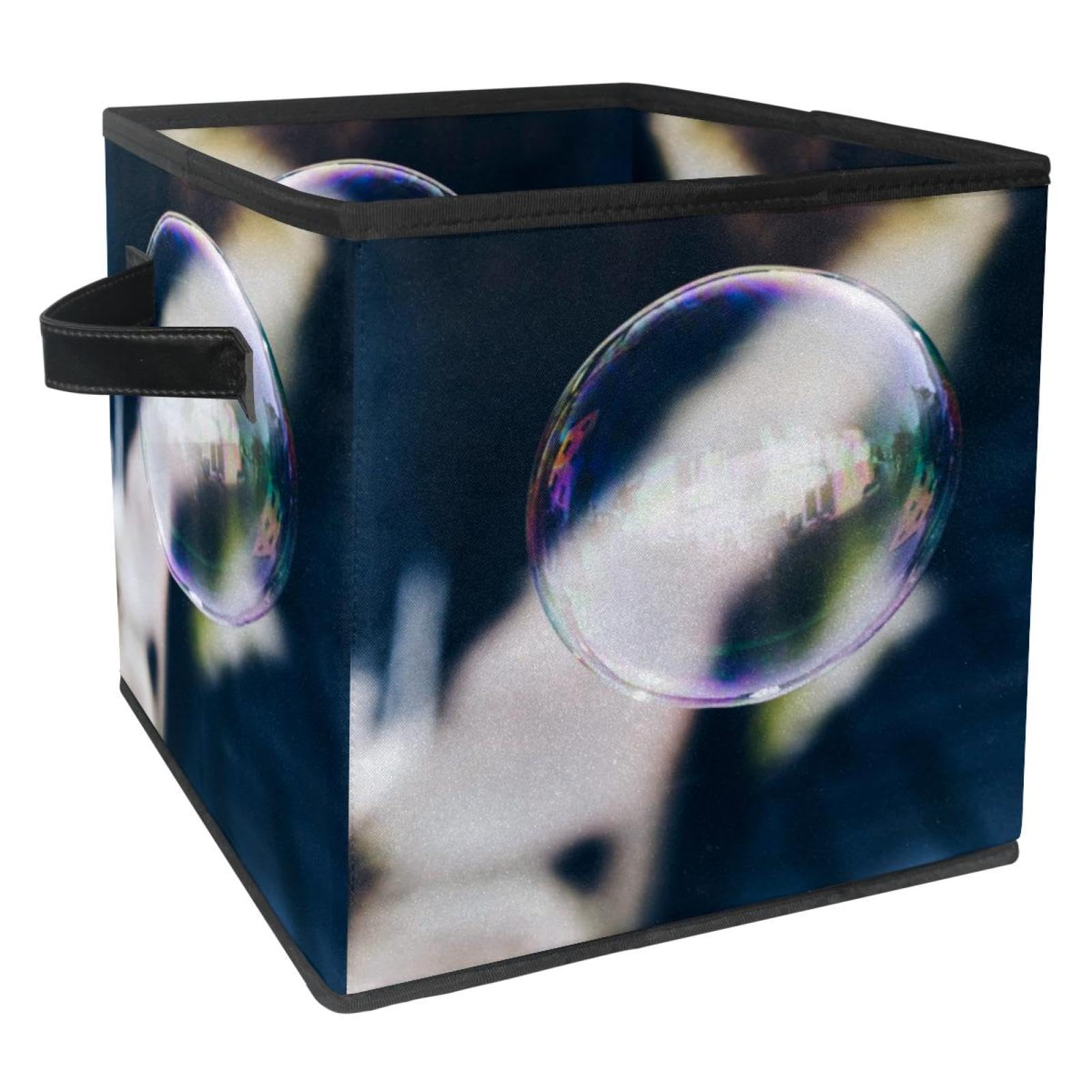 Boîte de rangement pliable en tissu cube à poignées motif bulles