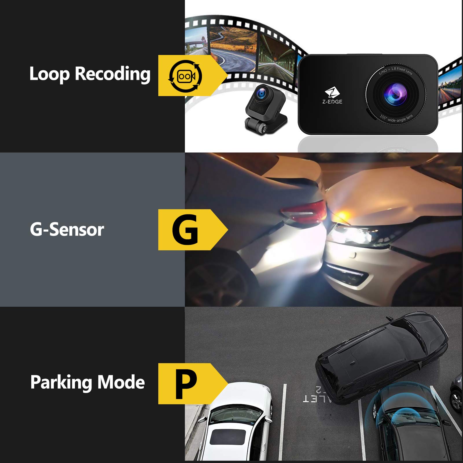 Z-Edge DashCam 2K Full HD WiFi - Fotocamera Auto Anteriore 1440P E Posteriore 1080P, Nuova Versione 2023, Schermo 2.7'', WDR, Sensore G, Modalità Parcheggio