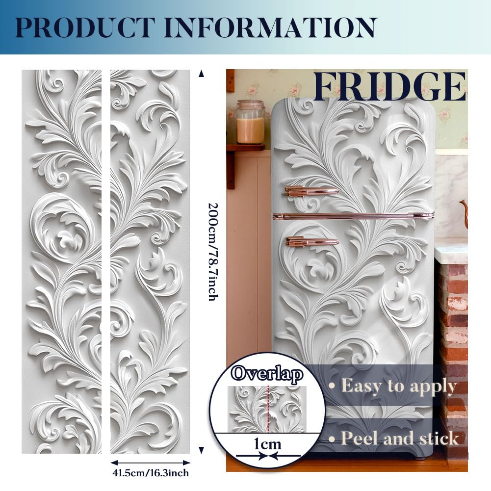 2 pezzi bianco goffrato motivi rimovibili Frigorifero Wraps, autoadesivo Frigorifero Porta Murale Frigorifero Congelatori Pannello Adesivo per Cucina Bar Decor 41,5 x 200 cm