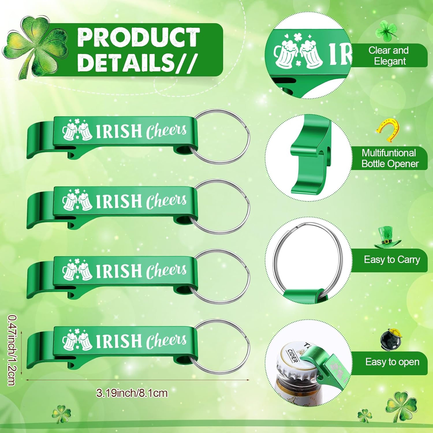 Roshtia 36 Sets St Patricks Day Gifts for Guests Bulk Irish Cheers Shot Glasses Bottle Opener Keychain with Good Luck Card and Organza Bag St Patricks Day Favors for Friend Coworker (Acrylic)