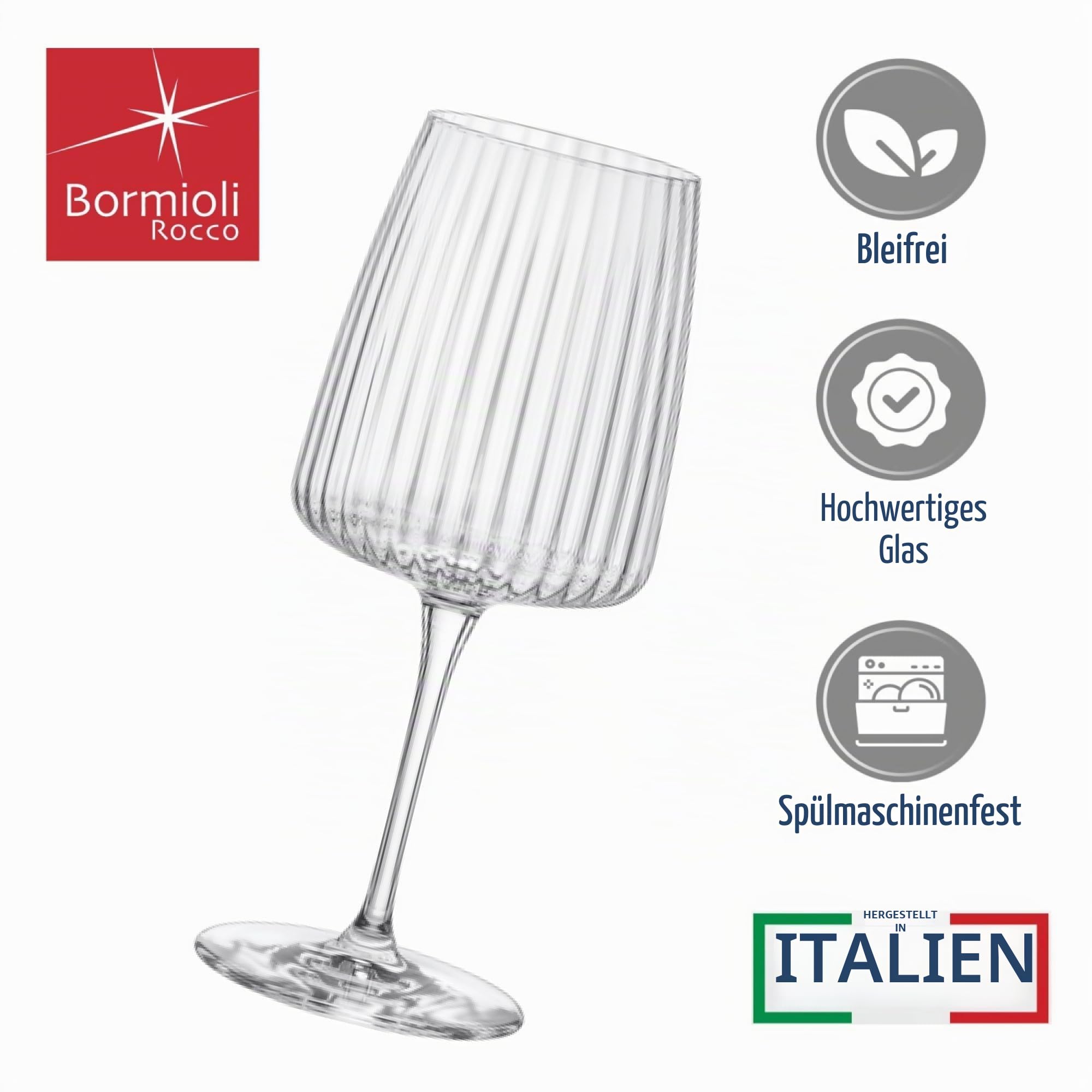 Bormioli Rocco Exclusiva Merlot Gläser, 4er-Set - 510 ml gerippte lange Stiel-Sternglaskelche mit XLT verstärkten Stielen - italienisches Rotwein-Trinkgeschirr - spülmaschinenfeste Kristallgläser