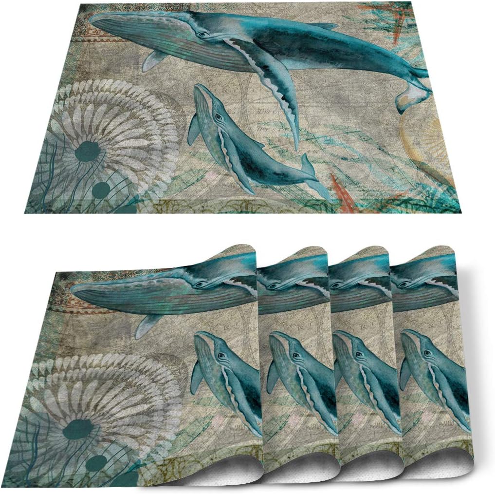 Exclusive Discount 50% Price Chic D Ocean Whale Vintage Indoor Placemat Set of 6, Non-Slip Placemats for Kitchen/Dining Table/BBQ/Patio/Parties, 12"x18" Washable Durable Cotton-Linen Table Mats, World Map