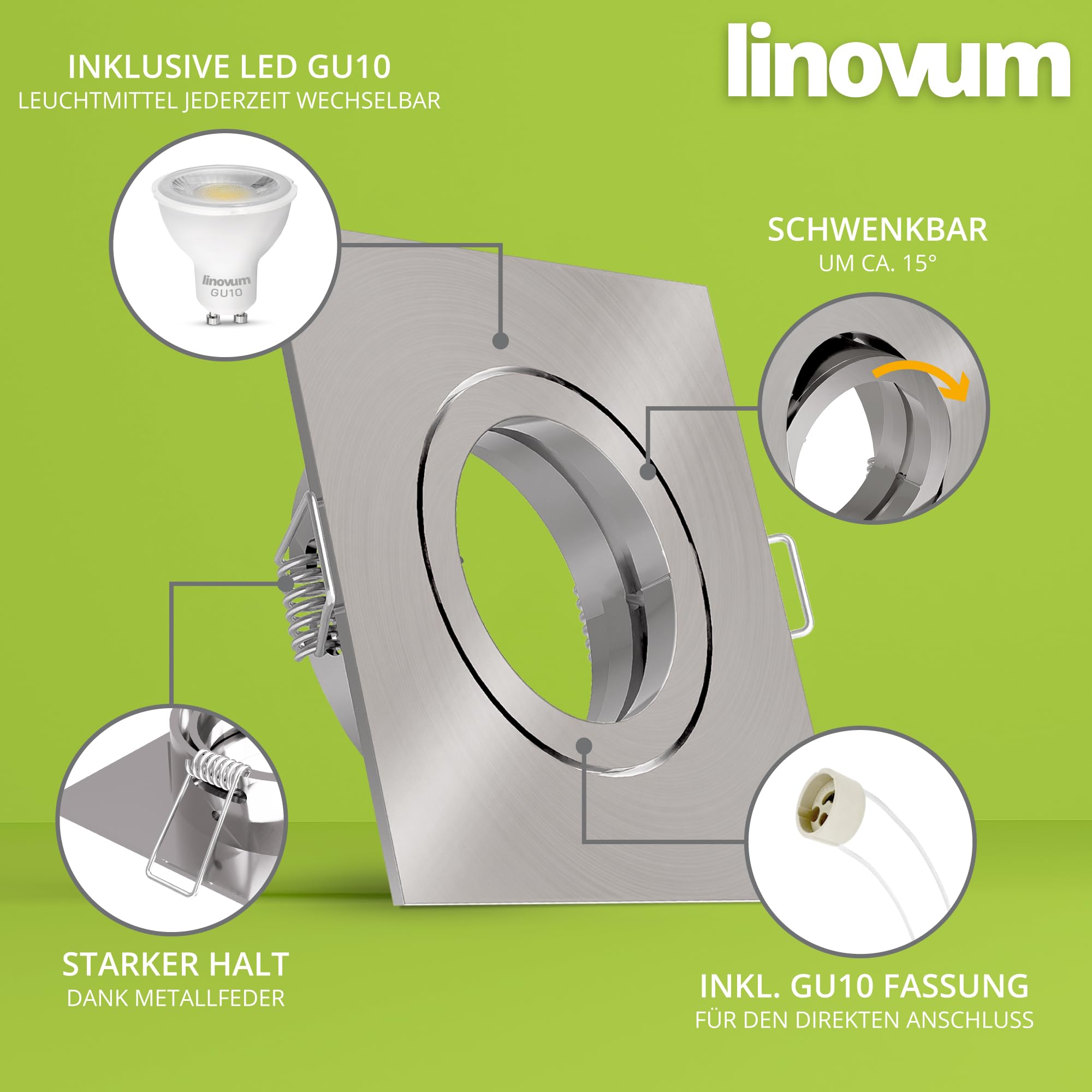 linovum 10er Set LED Einbauspot eckig Edelstahl Optik - schwenkbarer Einbaustrahler 230V inkl. GU10 6W warmweiß + neutralweiß + tageslicht