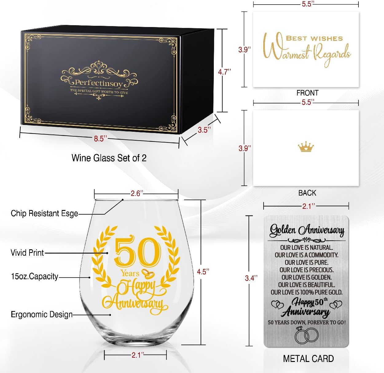 Perfectinsoy 50 Years Happy Anniversary Wine Glasses Set of 2 with Metallic Memorial Card, 50th Anniversary Birthday Gifts for Parents, Wife, Soulmate, Couple, Funny 50 Years Milestone Gift - Image 2