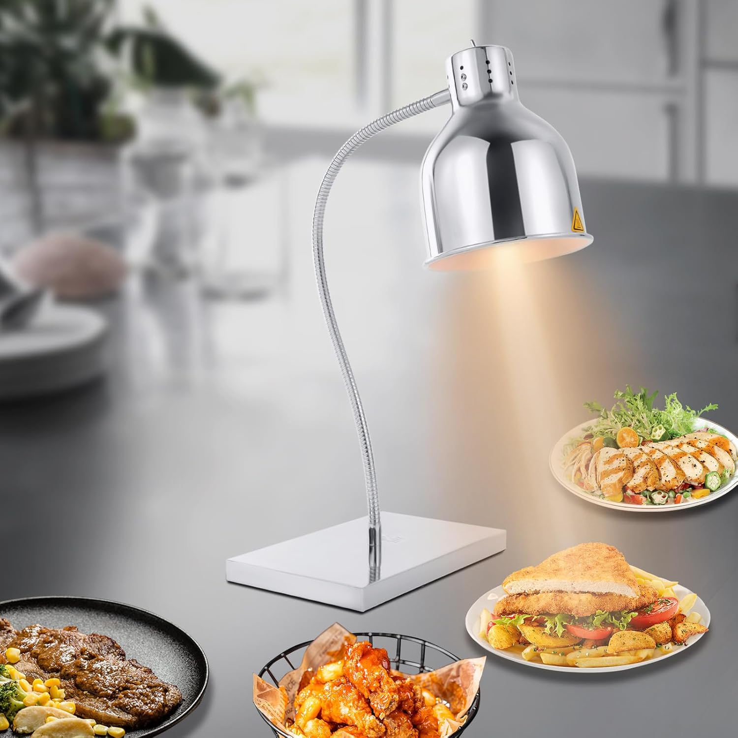 Food Heat Lamp, 250W Commercial Food Warmer Light, Free-Standing Warmer Lights, Electric Food Warmers, Buffet Warmer, 360° Rotation Angle, Food Warming Lamp for Restaurant Kitchen Cafeteria (Sliver)