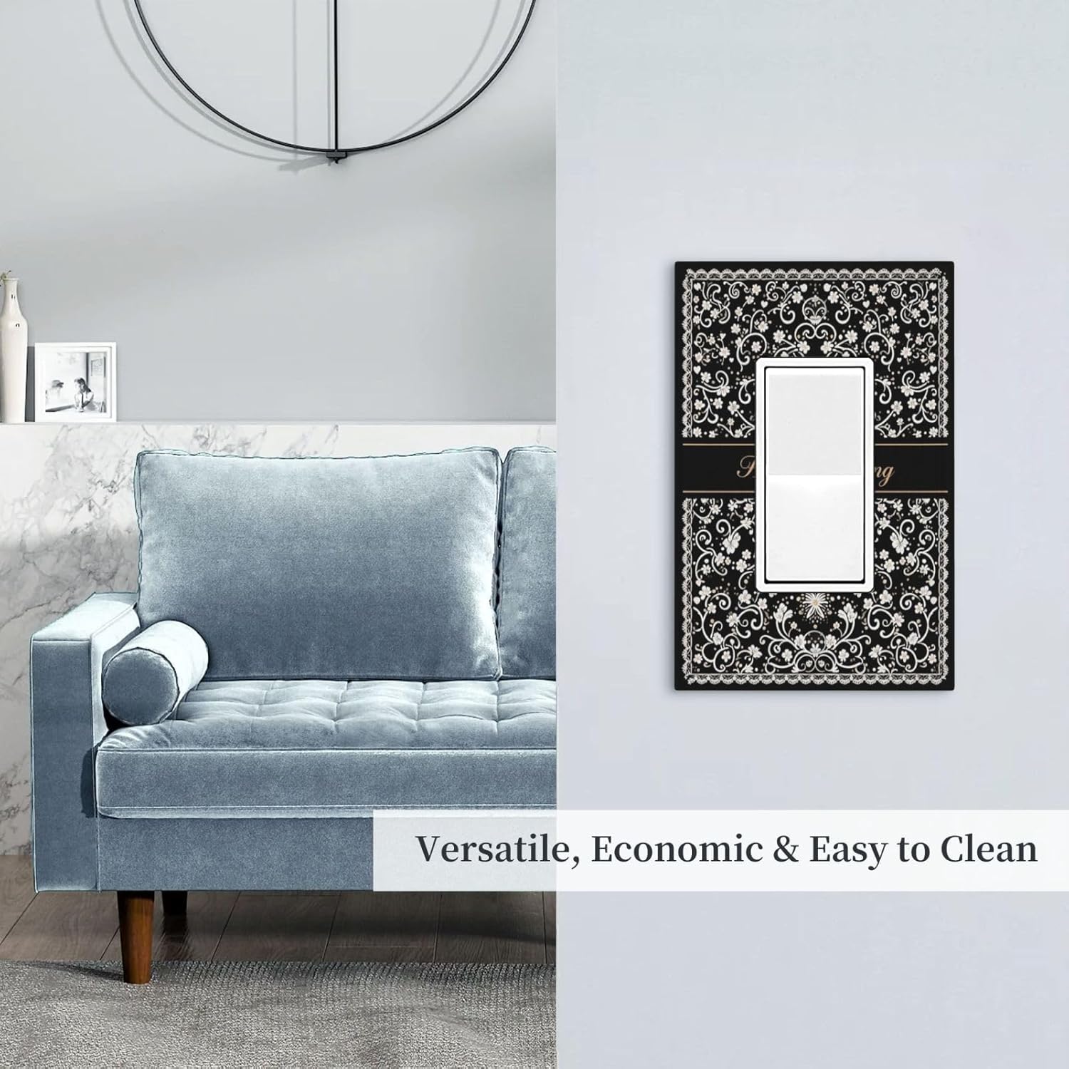 Decorative Black Floral Scrollwork Pattern Outlet Covers Light Switch Plate 1 Gang Single Rocker Electrical Receptacle Switchplates for Bedroom Bathroom Kitchen