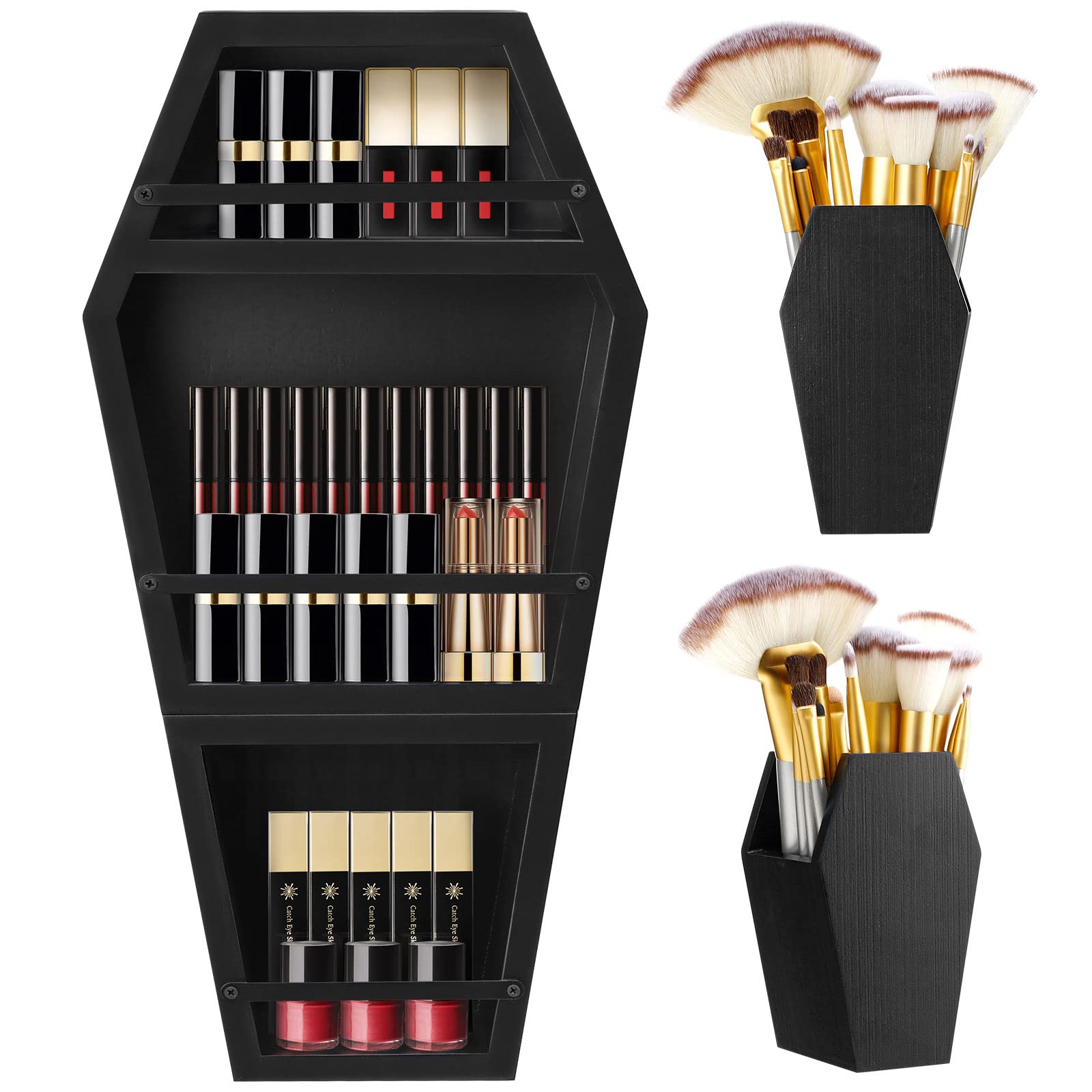 Homde Large Makeup Coffin Shelf with 2 Coffin Brush Holders Solid Wood - 3 Shelf Coffin Holder for Gothi Decor - Free Standing/Wall Hanging Spooky Coffin Decor for Bedroom or Bathroom