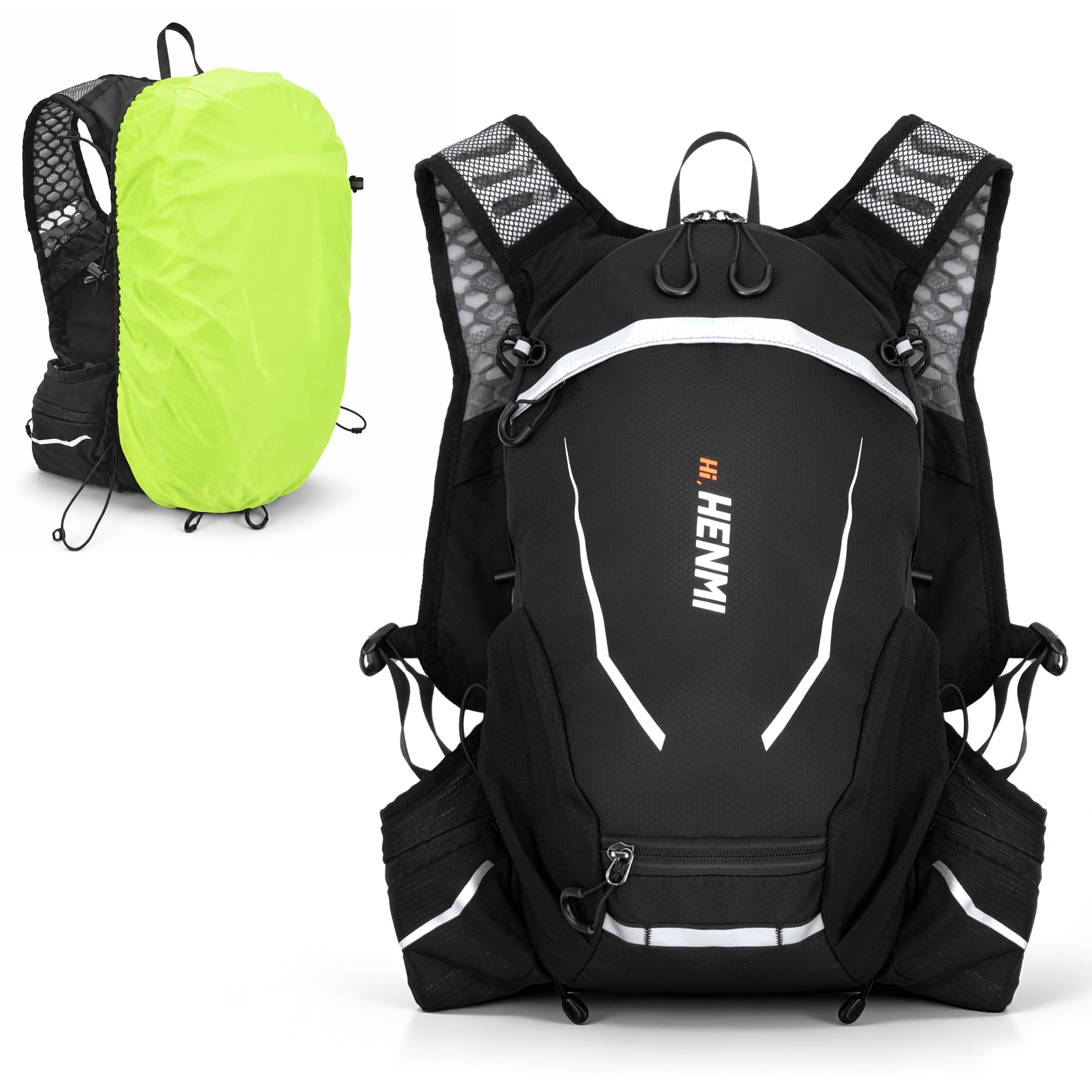 HENMI Fahrradrucksack 16L Ultraleicht & Atmungsaktiv 0,46kg – Wanderrucksack mit XPE Rückenbelüftung & Trinkblasenfach, Kleiner Rucksack mit Helmnetz & Regenhülle für MTB Radfahren Wandern