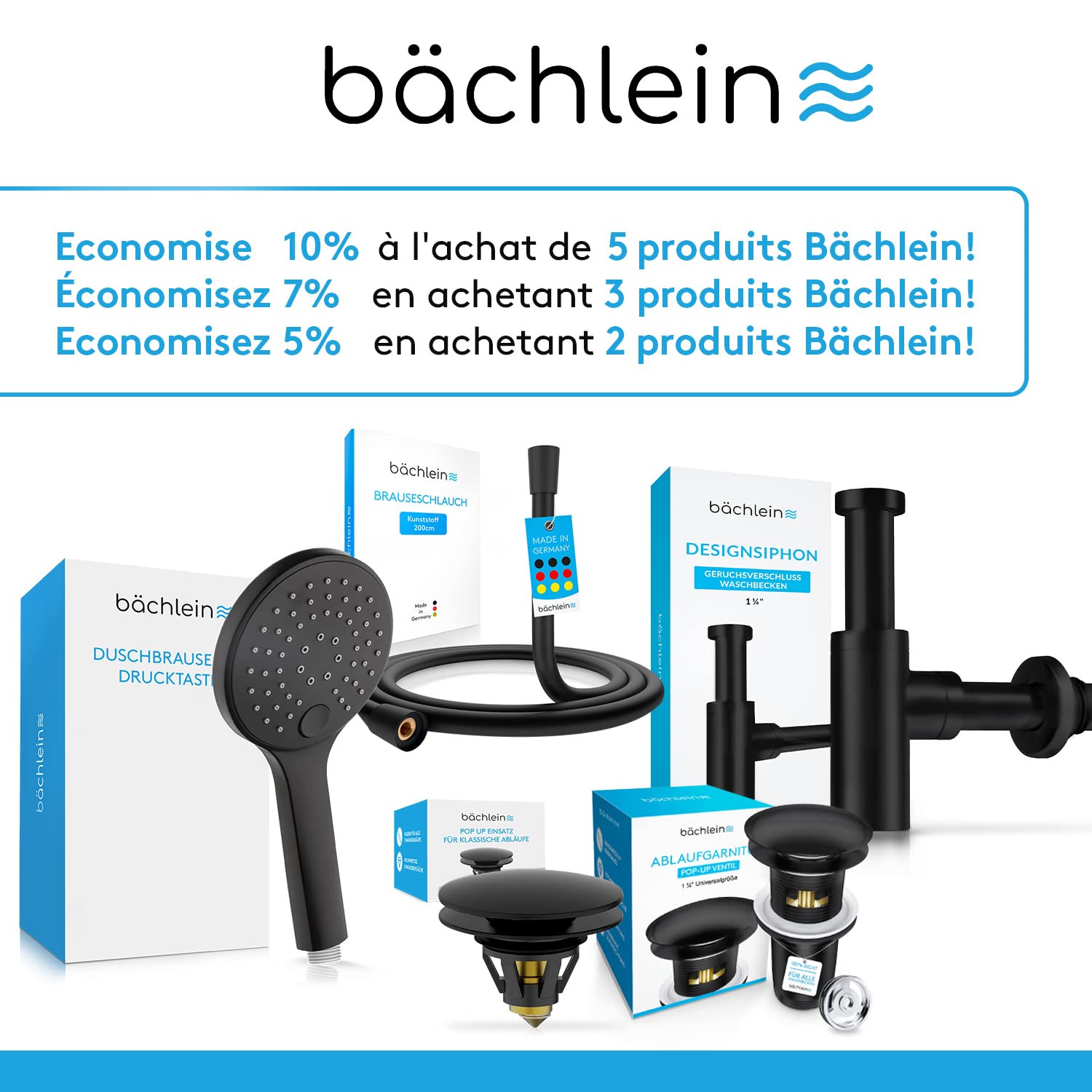 Bächlein Siphon Universel pour Lavabo et Évier (Extra Long) - Bonde de Lavabo Tubulaire - Siphon Adaptable - Anti-Odeur avec Orifice de Nettoyage + Mode d’Emploi - Mat Noir