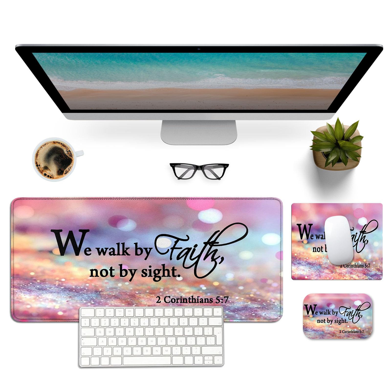 Mouse Pad Desk Mat Ergonomic Wrist Support Pad Set,Mouse Wrist Rest Keyboard Pad with Stitched Edges and Non Slip Base-We Walk by Faith Pink Purple