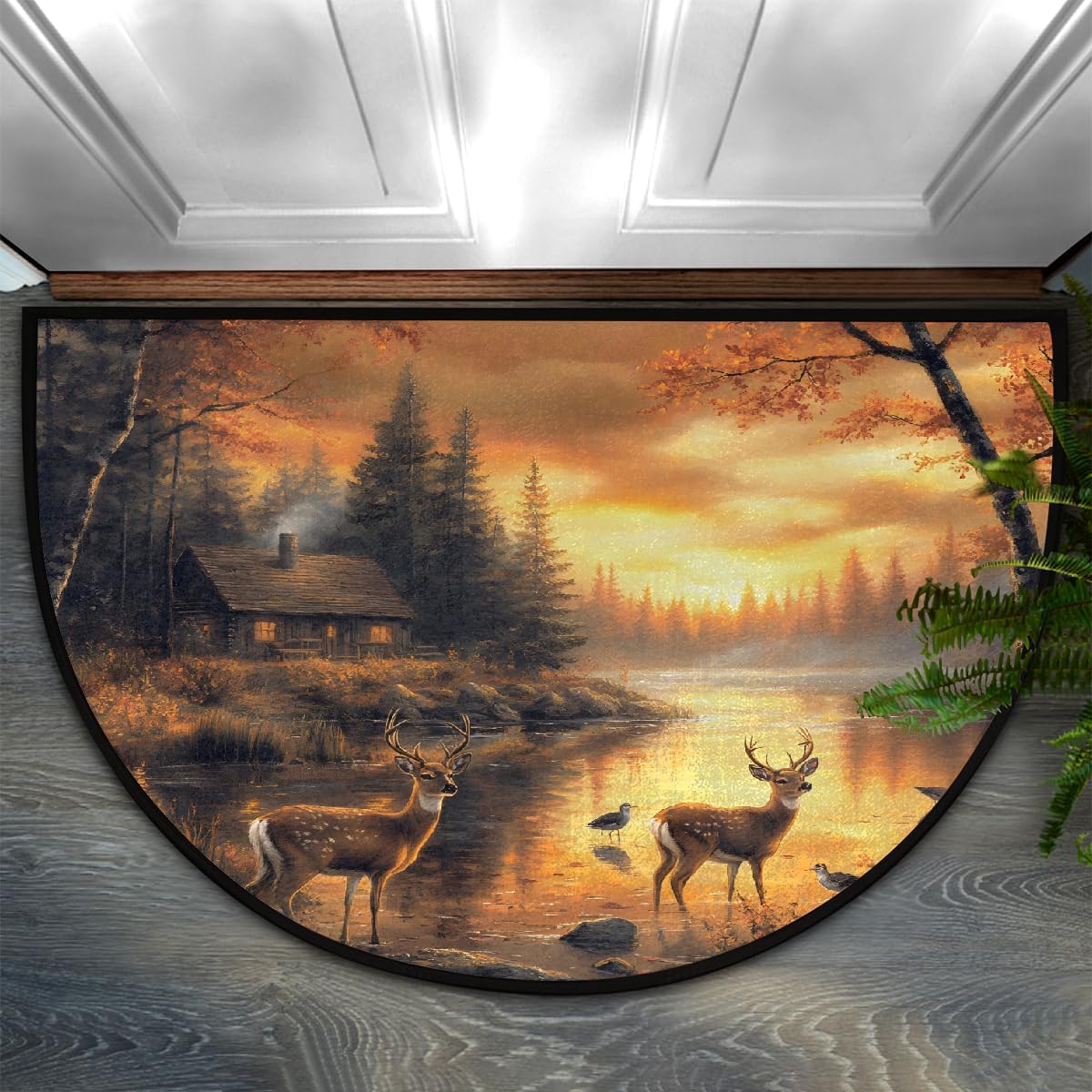 Half Round Door Mat Sunset Fall Deer Non Slip Absorbent Semi Circle Area Rugs Washable Half Moon Floor Mats for Indoor Outdoor Patio Kitchen Bathroom Entryway Fireplace Home Carpet Decor