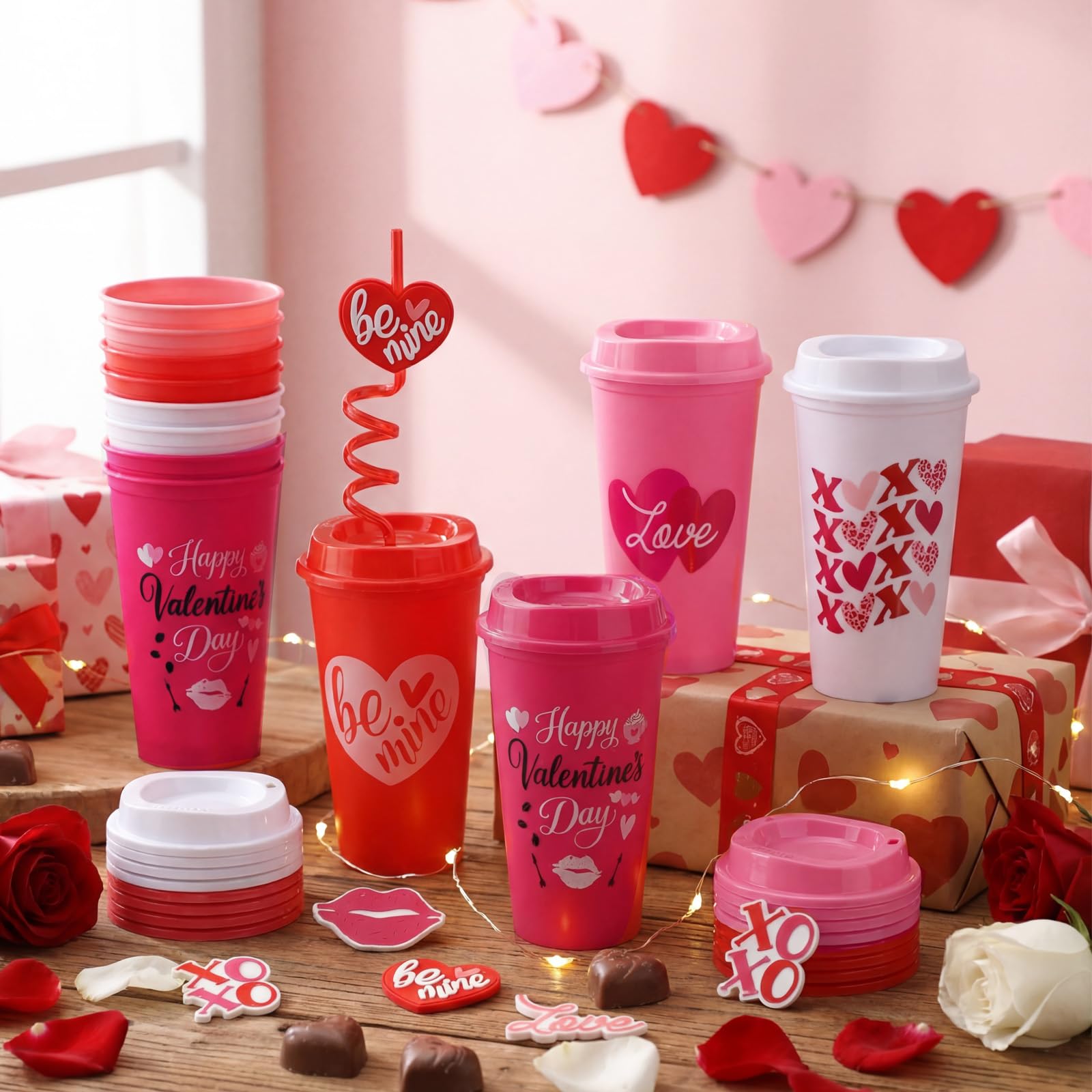 Amazon.com: Patelai 24 Set Valentines Day Tumbler Cups Bulk for Teachers 16  oz Plastic Pink Heart Coffee Cups with Spiral Straw Lid and Accessories  Reusable Beverage Favor for Wedding Anniversary Party Gift