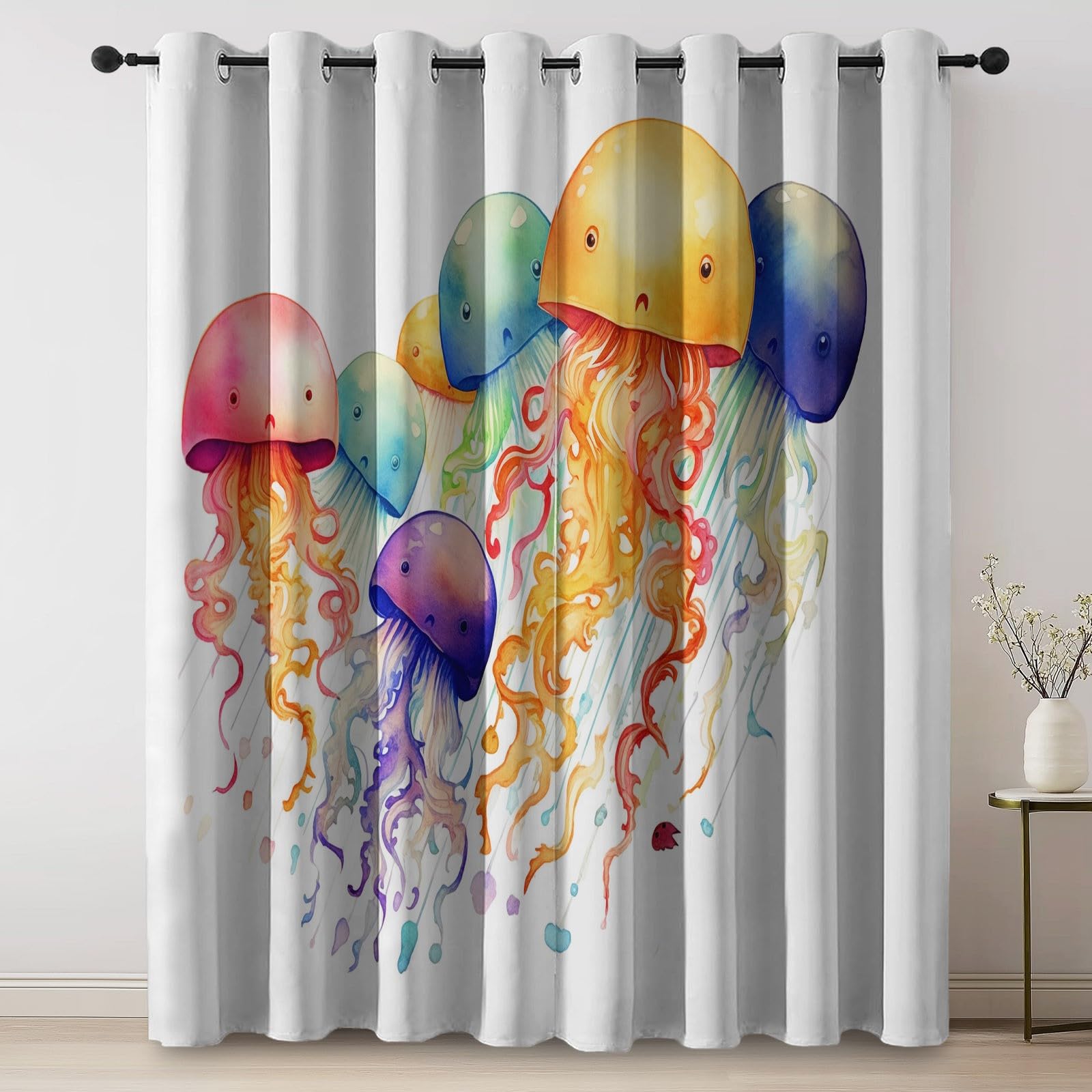 Cartoon meduza z nadrukiem wodorostów, 100% zasłony zaciemniające do sypialni i salonu 117 x 183 cm (2 panele) - izolacja termiczna, energooszczędne zasłony z oczkami, redukcja hałasu, wielokolorowe