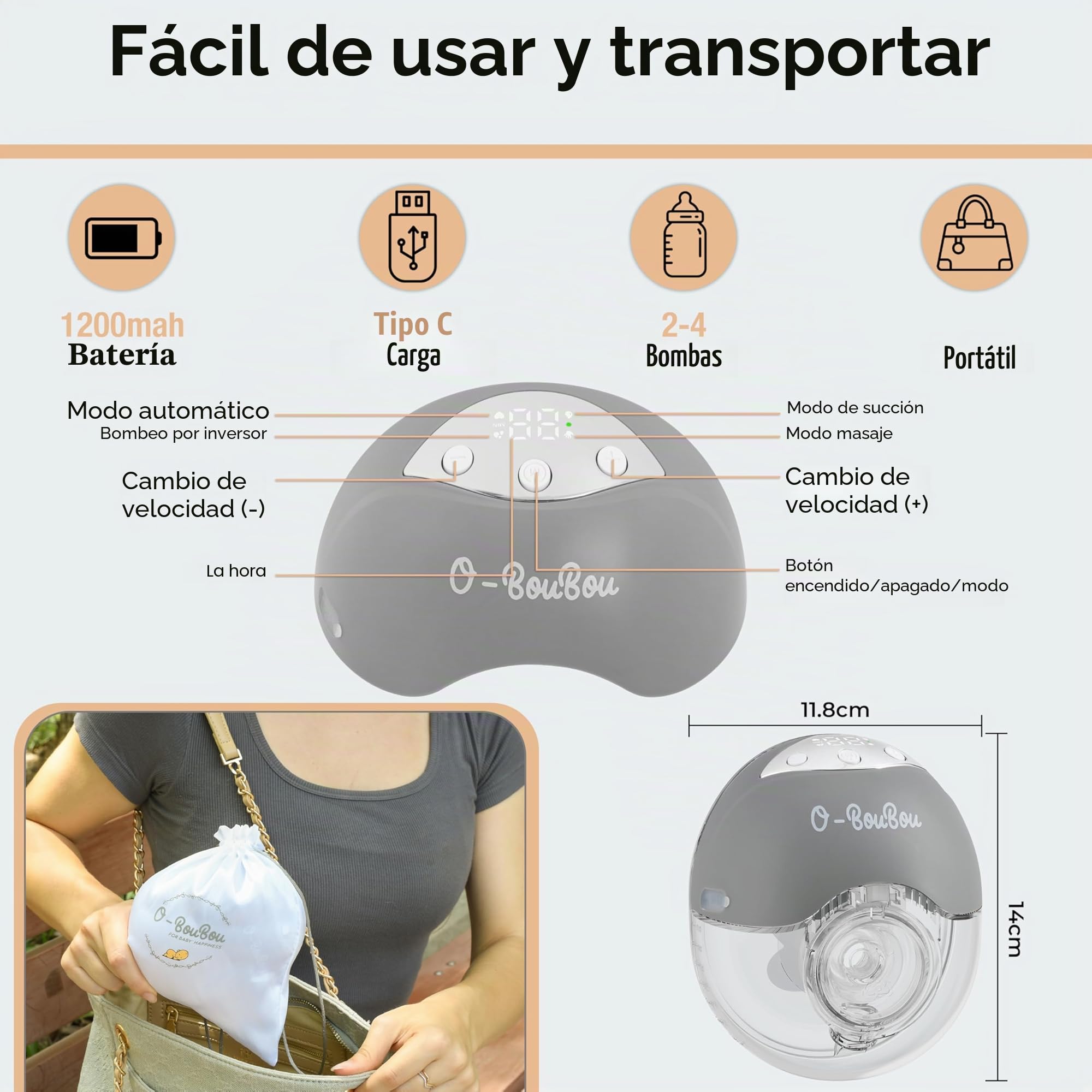 Sacaleches electricos - Extractor de leche materna sin BPA Manos Libres Silicona - Batería De Larga Duración - 12 Niveles y 4 Modos – Bridas de 24 mm + 4 inserciones bridas (19/21 mm), 1 pieza