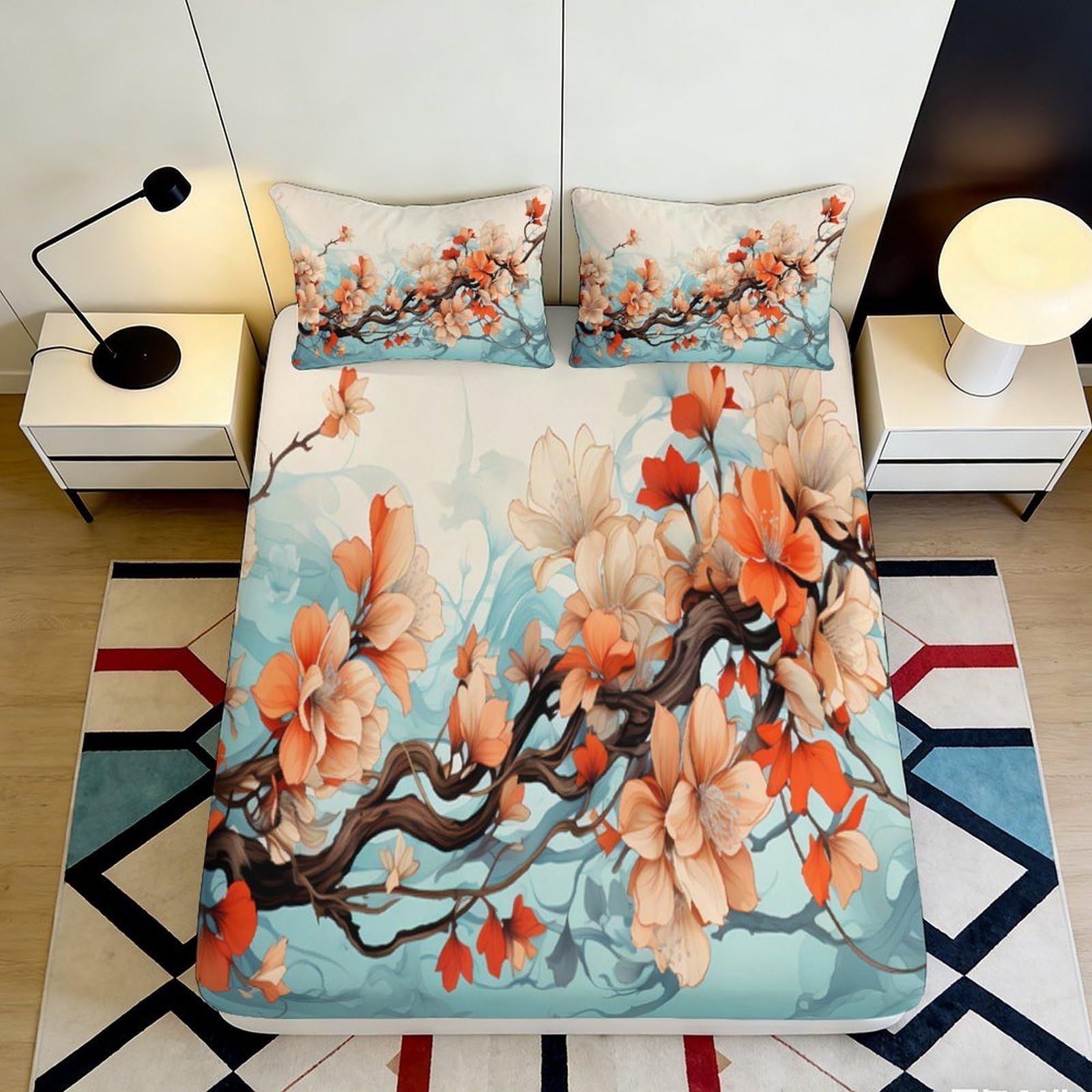 3D Printed Orange Blossom Fitted Sheet Microfiber Bedroom Decor Floral Branch Mattress Cover for Home Dorm Protection 90x200x25cm