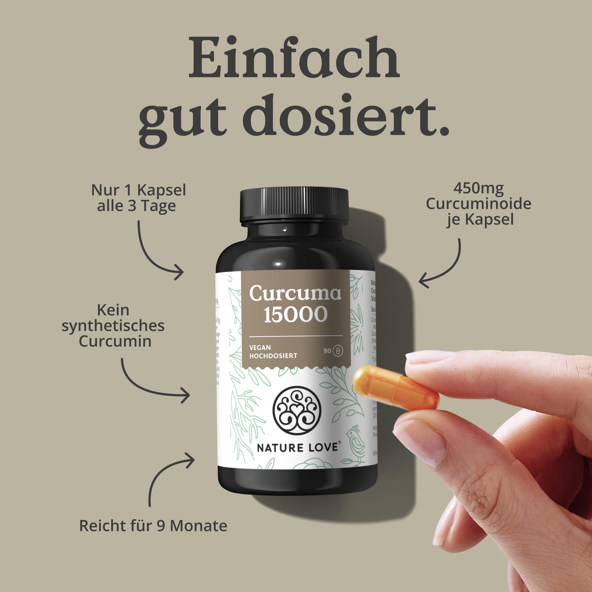NATURE LOVE® Curcuma 15000 - Kurkuma Kapseln - 9 Monate Reichweite - hochdosiert 95% Curcumin pro Kapsel - mit schwarzem Pfeffer - vegan, laborgeprüft & in Deutschland produziert