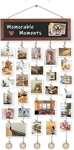 QUEENLINK Marcos de fotos para decoración de pared, pizarra colgante con 30 clips, organizador de fotos múltiple familiar