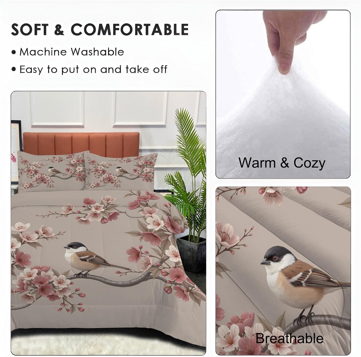 Chinese Ink Painting Comforter Set Full Size, Traditional Flowers and Birds Print Breathable Bedding Set for Girls Boys Teens, Pink Quilt Duvet with 2 Pillow Cases