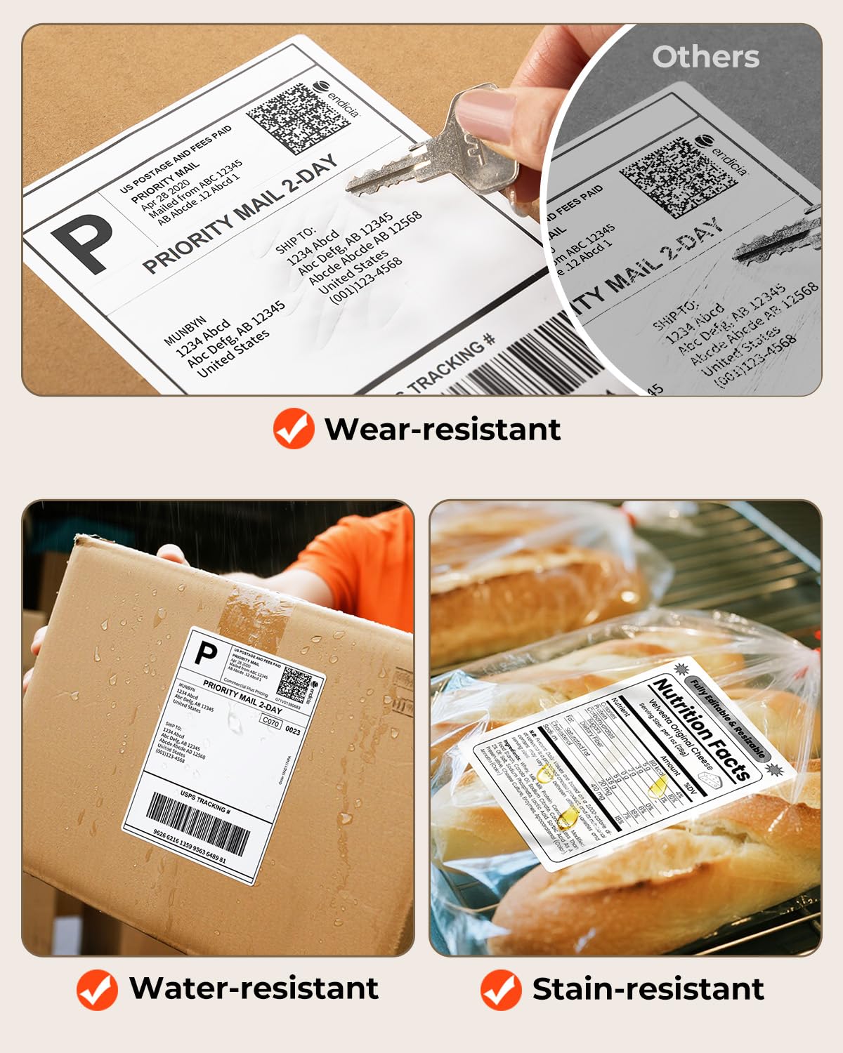 Images showing labels resistant to wear, water, and stains