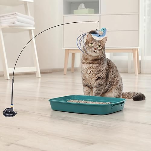 Miniatura 7 de Juguetes de plumas para gatos, 10 juguetes con súper ventosa, 2 varillas desmontables y 6 recambios de repuesto para teaser, juego interactivo para