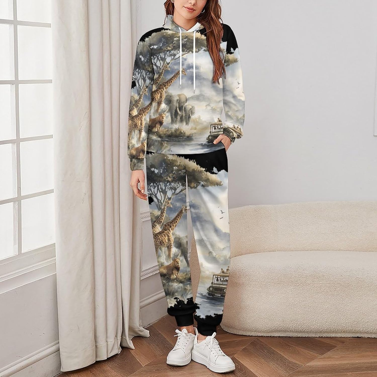 Africa Scene Giraffes Elephants Travel Mens Hoodies for Women Sweatsuit Sweatshirt And Sweatpant Tracksuit Jogging Suits