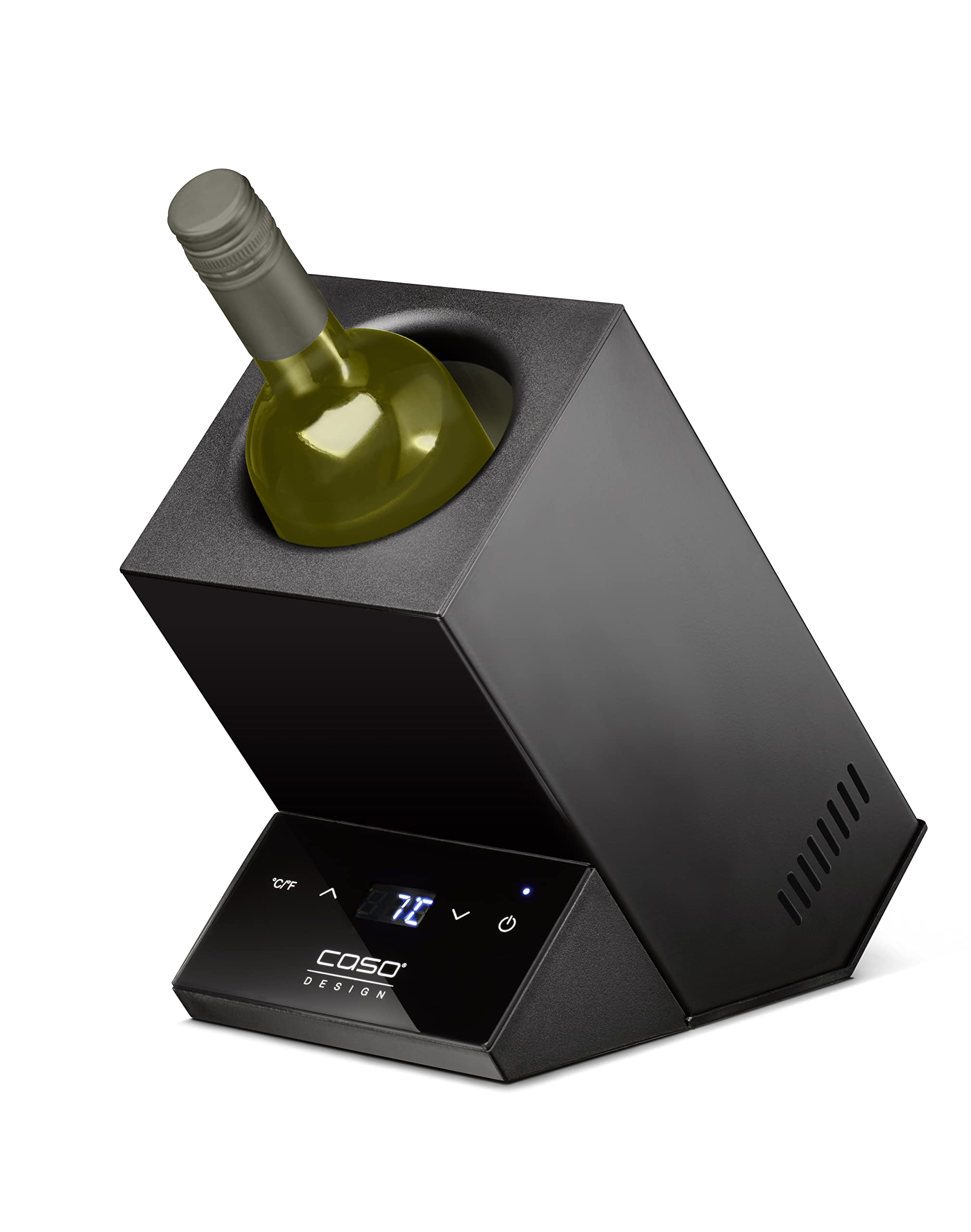 CASO WineCase One Black - Enfriador de vino para una botella, rango de temperatura de 5 – 18 °C, para botellas de hasta 9 cm de diámetro, control táctil, carcasa de acero inoxidable, negro