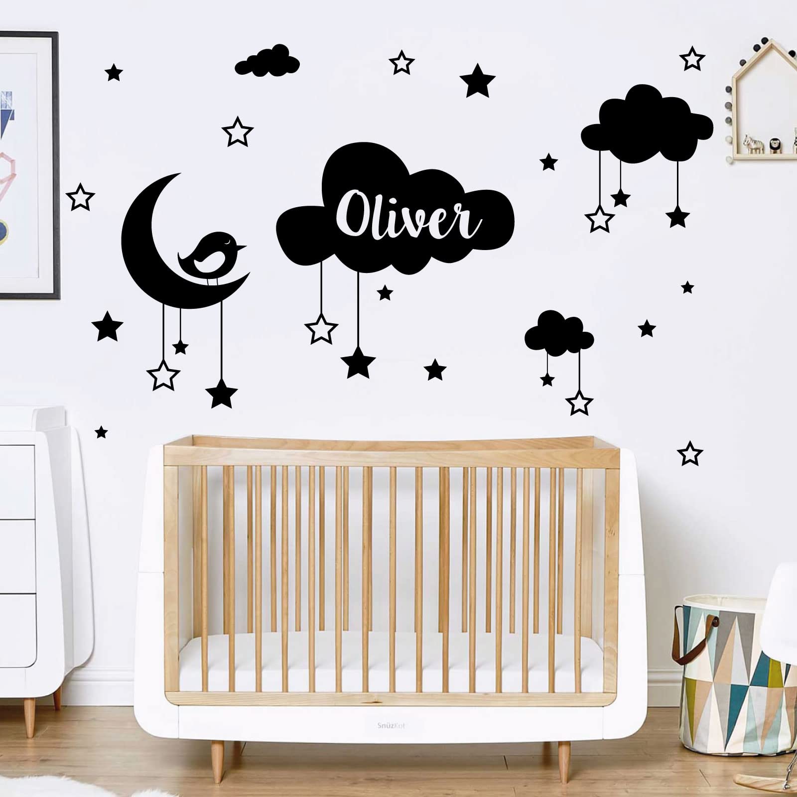 Personalised Name Baby Wall Sticker - Clouds, Stars, Moon & Bird [Large] [Black]