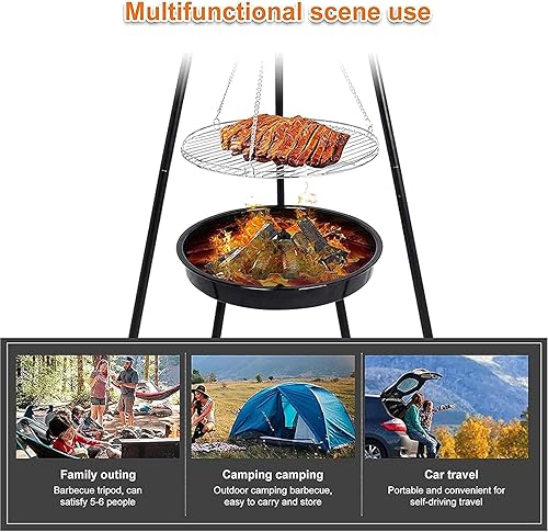 Miniatura 6 de Fogata de campamento portátil, trípode colgante de altura ajustable al aire libre con red de barbacoa de acero inoxidable y parrillas de carbón,