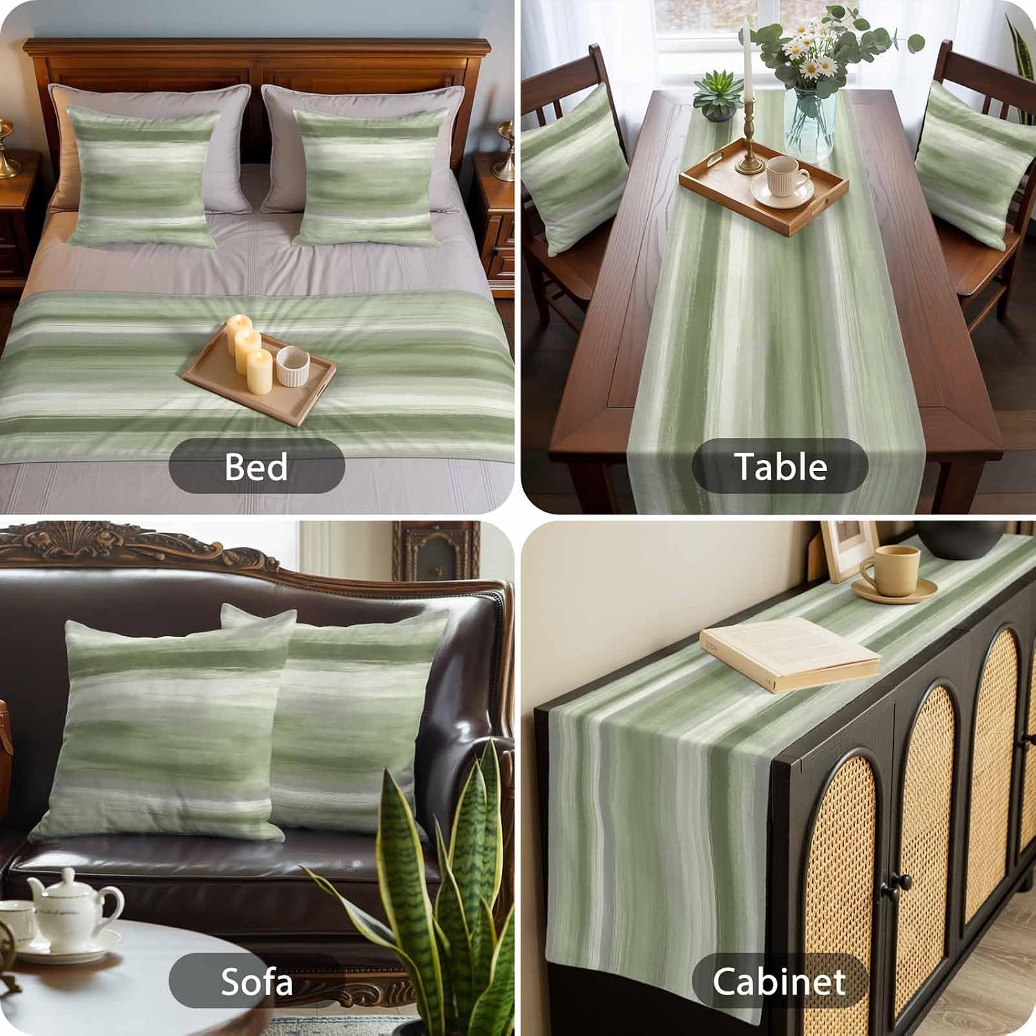 Bed Runner for Queen Size Bed, Sage Green Grey Decorative Beds Runners and 2 Matching Pillow Covers Set, Abstract Art Oil Painting Green Ombre Beds Scarf Throw for Foot of Bedding Set for Bedroom