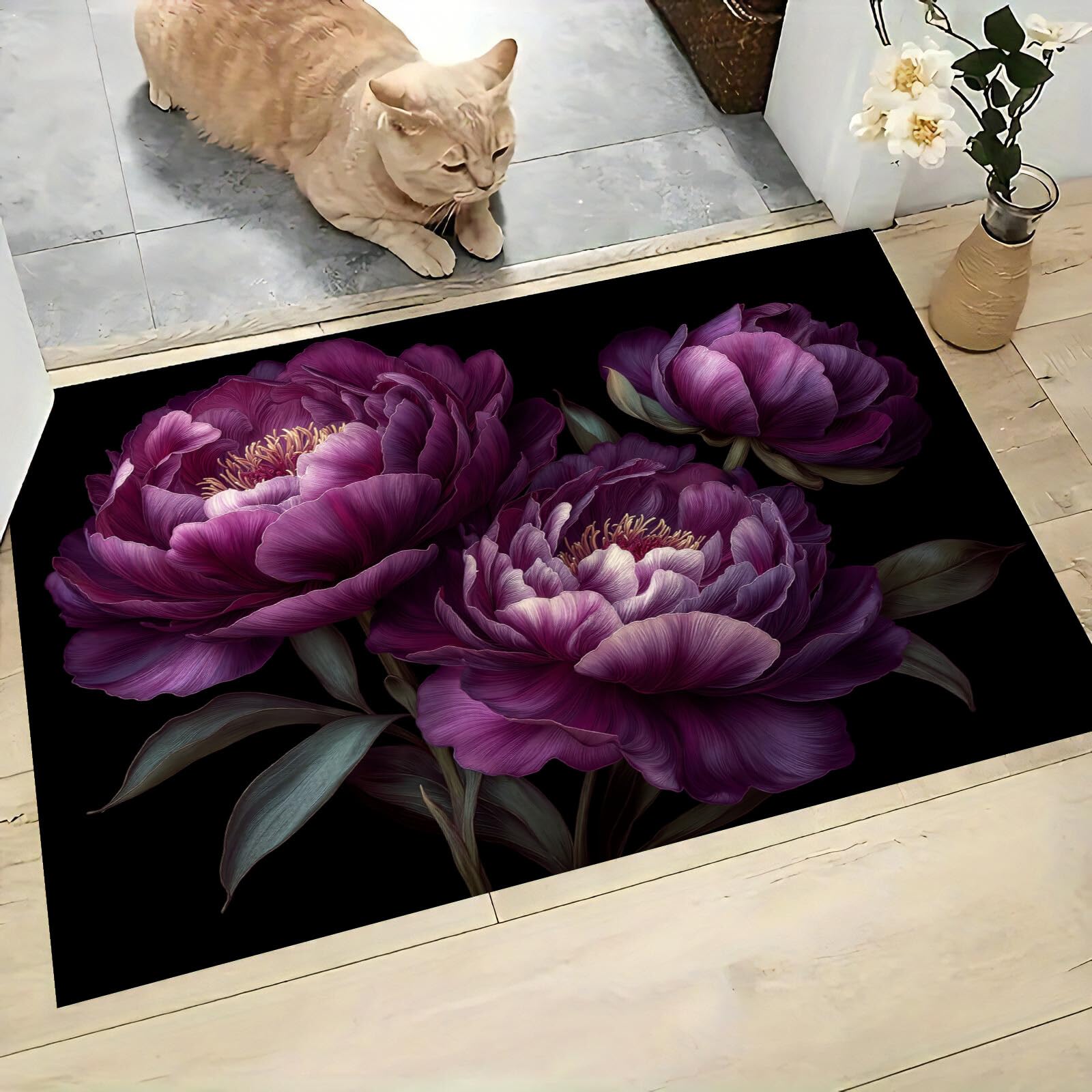 Paillasson pivoines violettes 70x100 cm tapis entrée intérieur extérieur caoutchouc