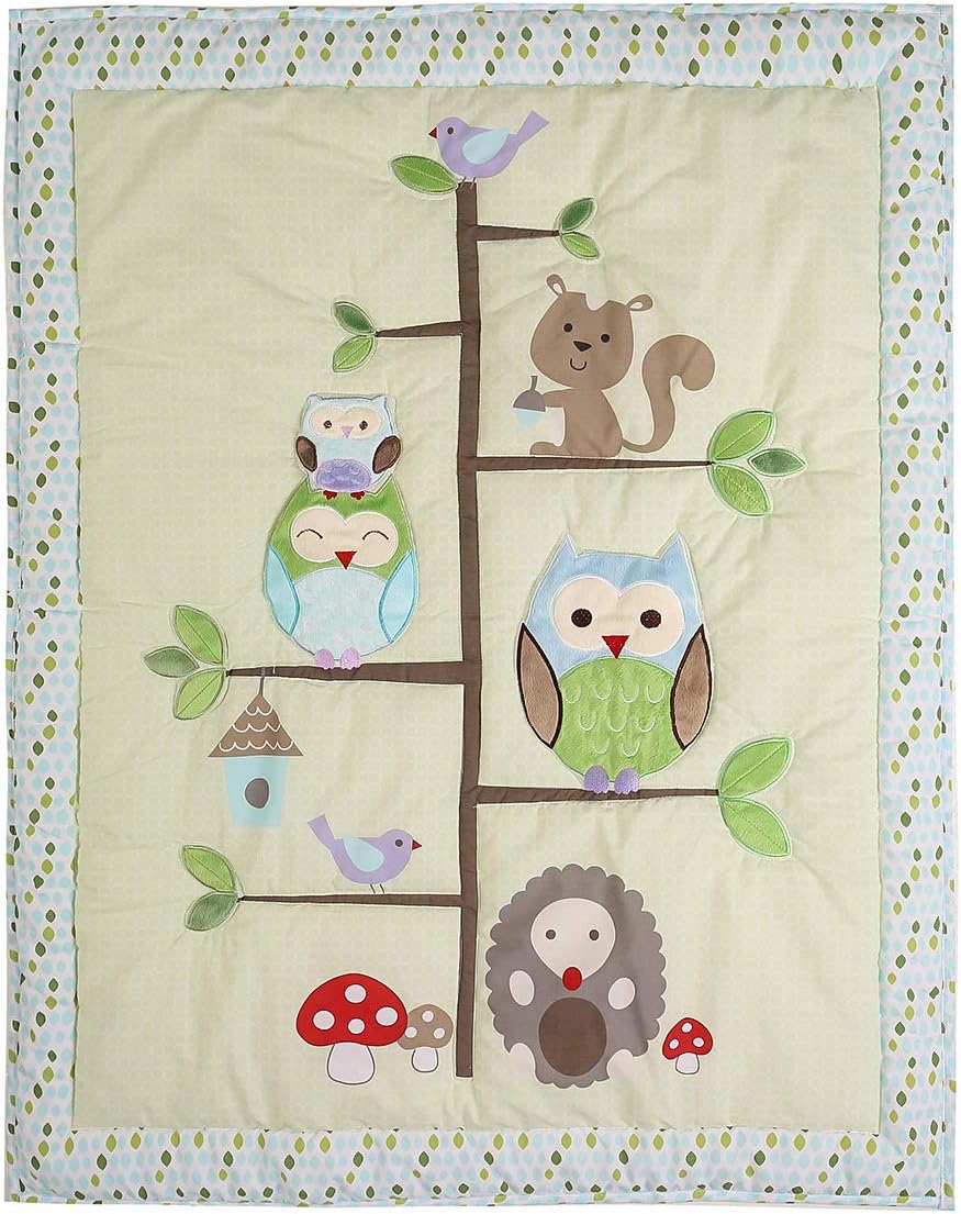 3 PCs Green Owl Theme Nursery Crib Bedding Set Quilt Fitted Sheet Skirt Embroidery Owl Squirrel Baby Girl Boy Cot Bedding Set