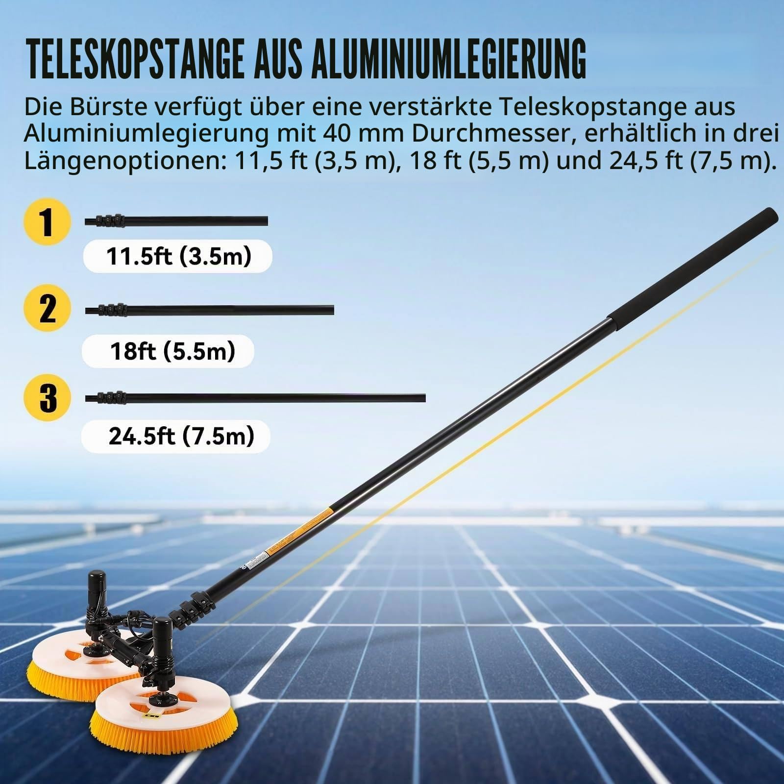 Professionelle Solar-reinigungsbürste für den Außenbereich, Doppelrotationskopf,65cm/25.59in Arbeitsbreite,Teleskopstange, wasserdicht&energiesparend,für PV-Anlagen(Mains Electricity,7.5M)