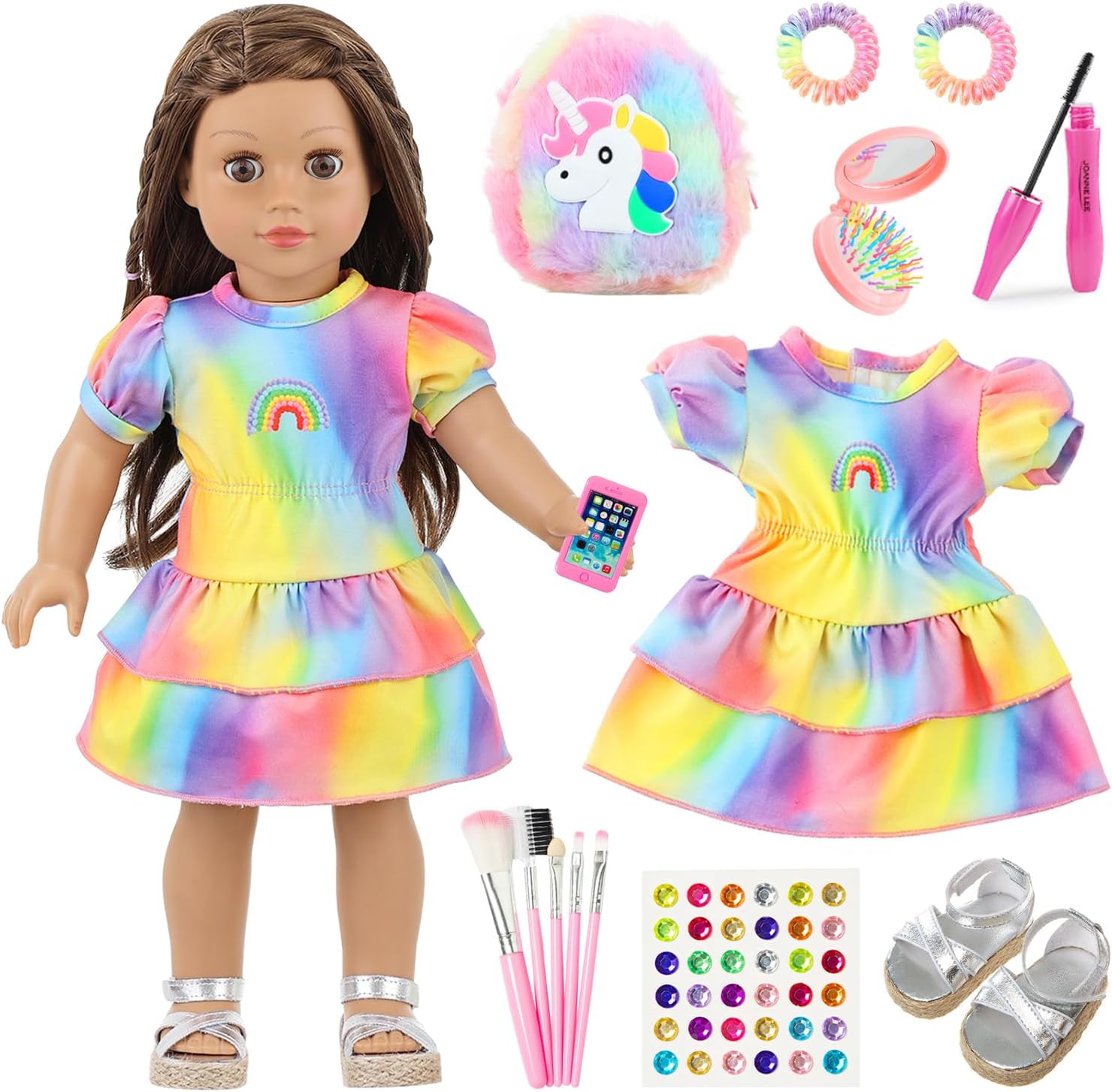 K.T. Fancy 18 Inch Doll Clothes and Accessories - Dress Makeup Set -Included Skirt, Backpack, Headband, Cosmetic Brush, Mini Phone, Mini Comb, Stickers & Shoes（NO Doll）