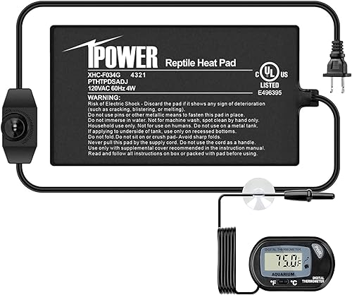 iPower Alfombrilla térmica de reptiles de 4 x 7 pulgadas con perilla de control de temperatura ajustable, termómetro digital LCD para acuario,