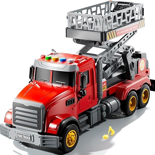 Miniatura 10 de Camión de bomberos de juguete para niños de 3, 4, 5, 6, 7, 8 años, juego de camiones de bomberos con escalera giratoria, sonido y luz, juguetes de