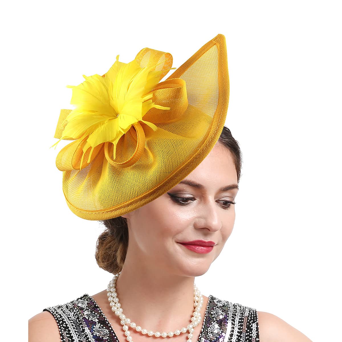 Brawlady Women's 00752Yellow Sinamay Fascinator Hat With Top Flower, Feather Pillbox Headwear, Tear Drop Shape Church Wedding Cocktail Tea Party Headpiece For