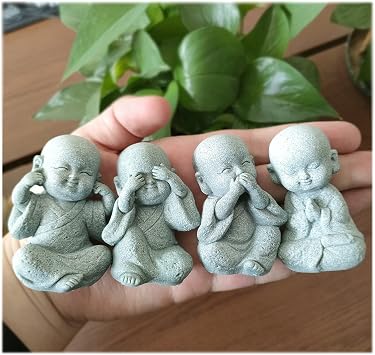 4 Pcs Baby Buddha Statue Cute Monks Figurine Sandstone Smiling Buddah Sculptures Ornament Small Gifts for Aquarium Fish Tank Feng Shui Decor Home Office Car Dashboard Decoration,Gray
