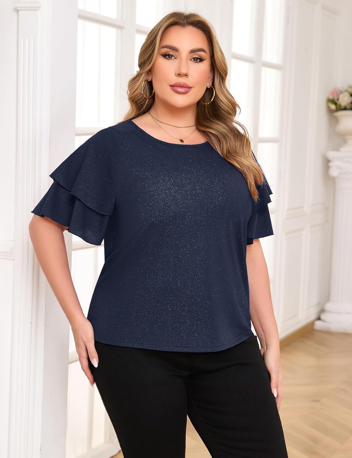 ZOMVA Women's Plus Size Sparkly Top Glitter Blouse Short Ruffle Sleeves Dressy Shirt Elegant Party - Image 6