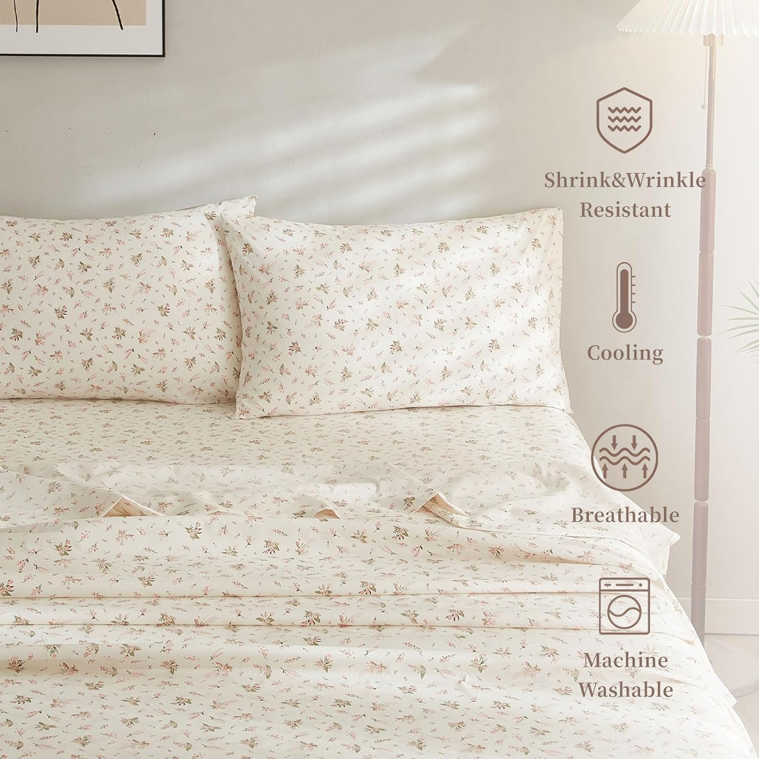 Twin Size Bed Sheet Set - 3 Piece Pink Floral Botanical Bedding With Pillowcases - Deep Pocket 16 Inch for Mattress, Cooling Vintage Floral Sheets - Image 3