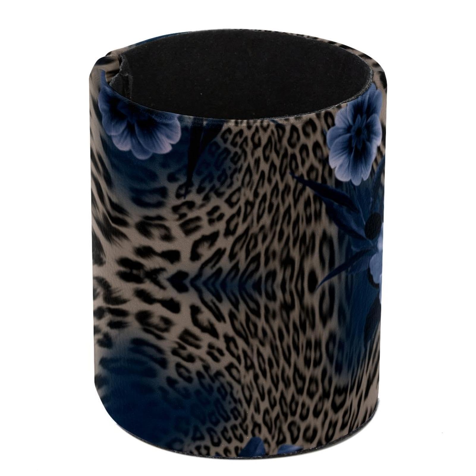 Pot à crayons rond en cuir synthétique avec motif léopard et fleur bleue pour bureau et décoration d'intérieur