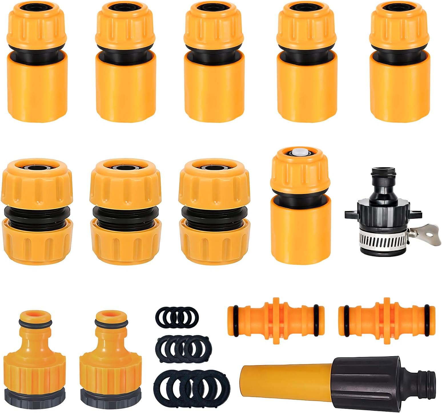 27Pcs 2-in-1 Garden Hose Kit With Nozzle, Quick & Repair Connectors, Waterstop, Double Male Snap, and Tap Fittings 1/2'' & 3/4''