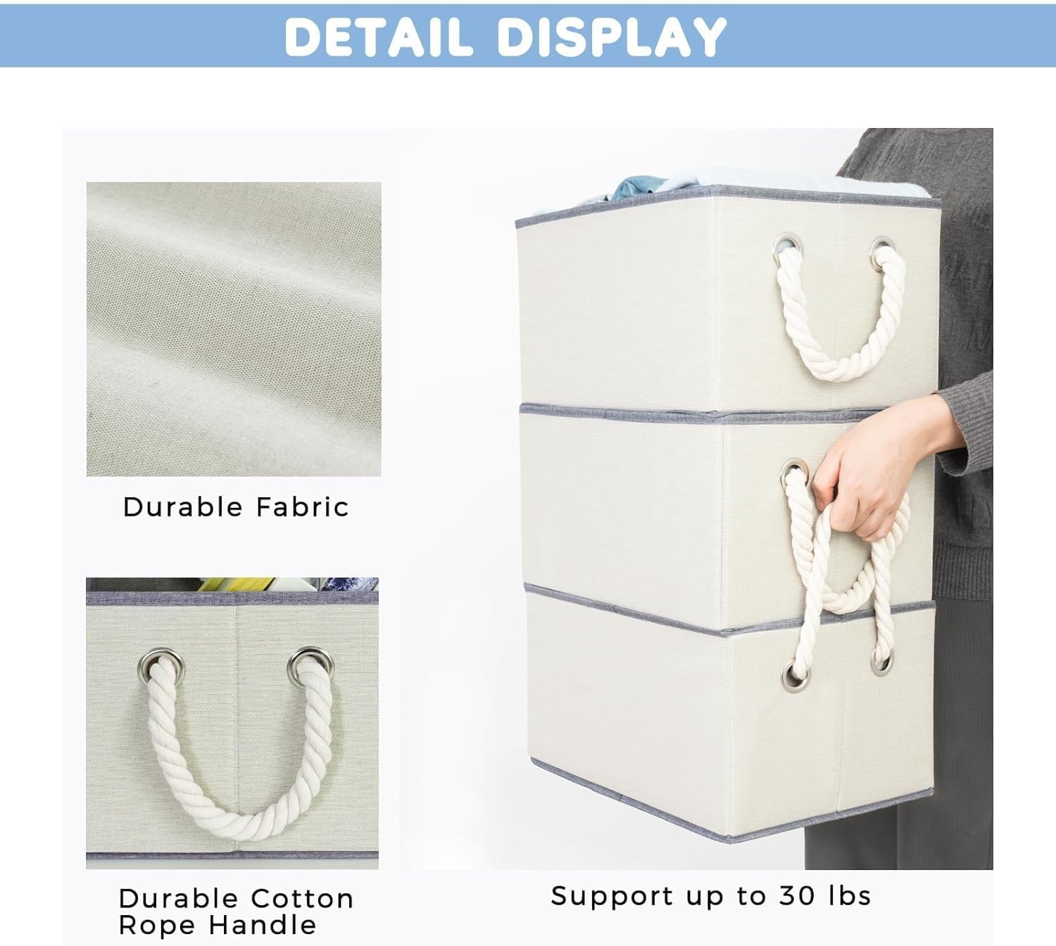 Extra Large Fabric Storage Bins for Shelves with Handles 3 Pack | Storage Baskets for Shelves and Closet Organizers | Folding Rectangle Storage Bins for Cloth and Magazine,Beige,16.5Wx12.5Dx10H