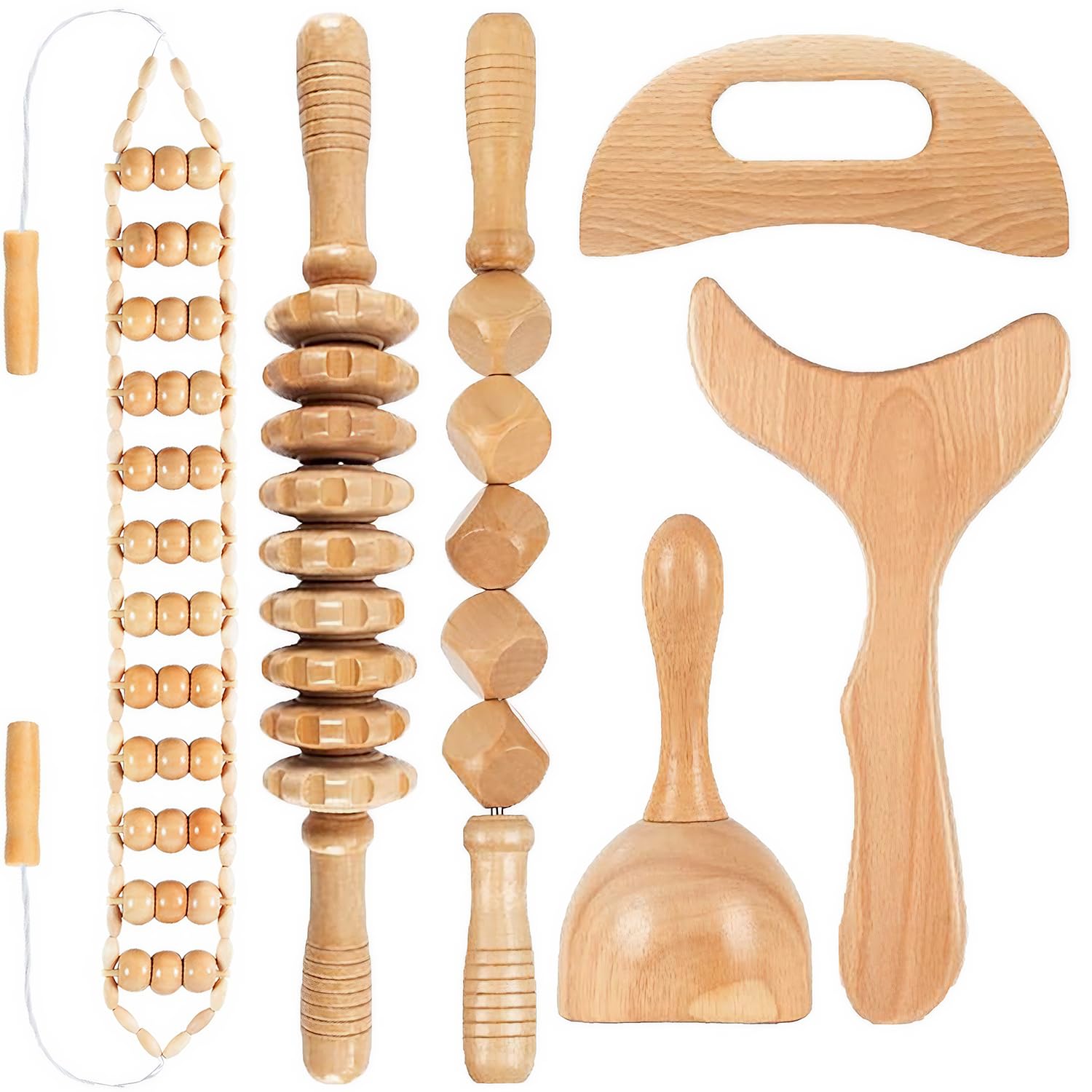 6 Stück Massageroller Holz, Faszienrolle Holz, Anti Cellulite Massage, Faszienstab, Hölzernes Gua Sha-Brett, Massage Set für Körperformung, Lymphdrainage, Muskelschmerzlinderung, Anti Cellulite