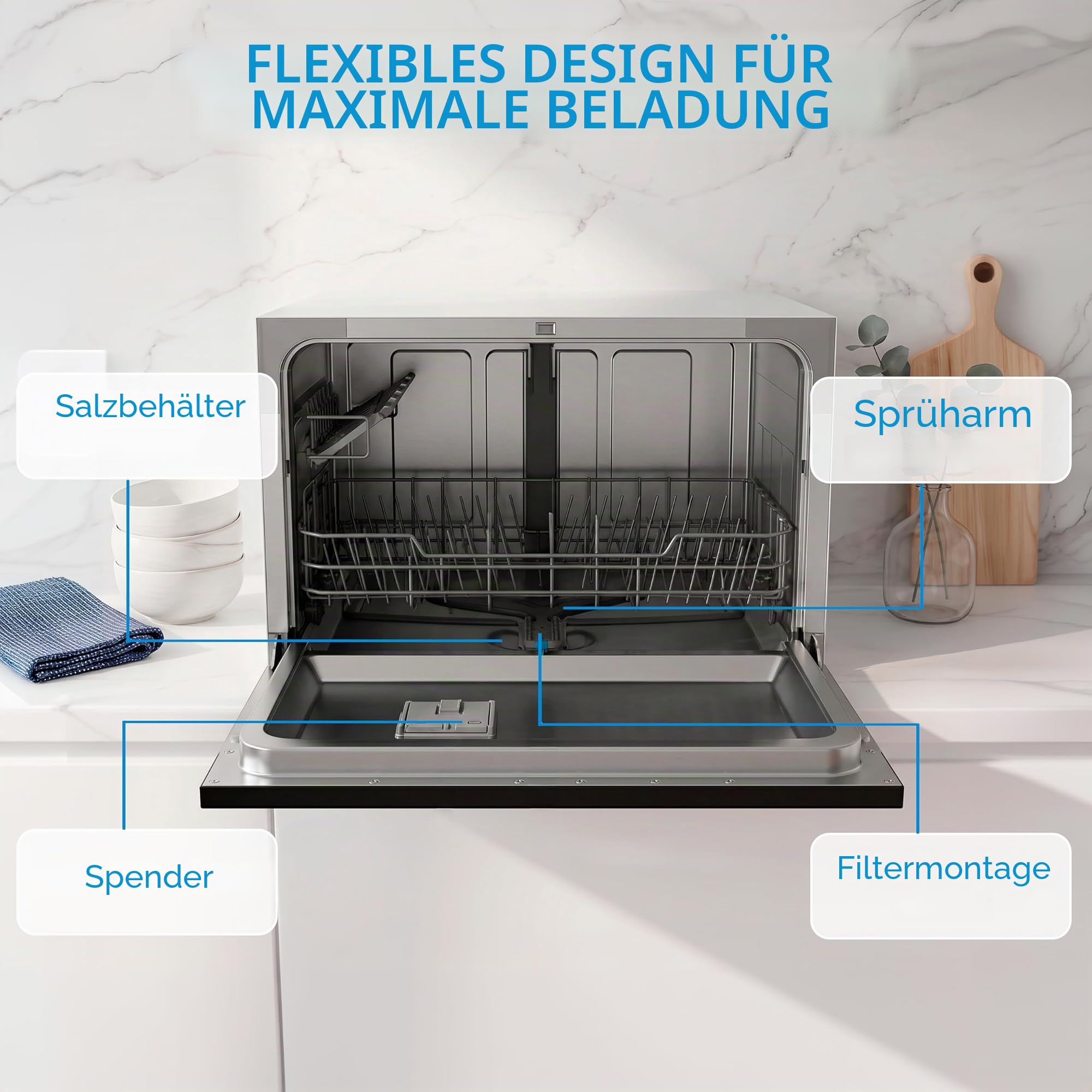 Midea Kleiner Geschirrspüler, Weiß, 55 cm, für 6 Personen, kompakt und tragbar, ohne Installation, Spülmaschine mit App Control, 6 Programme, antibakterieller Filter 49 dB, neues Modell