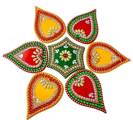 DMS RETAIL MulticolorDecorative Handcrafted Stone Studded Paan Shape Acrylic Rangoli Sticker for Floor Decoration