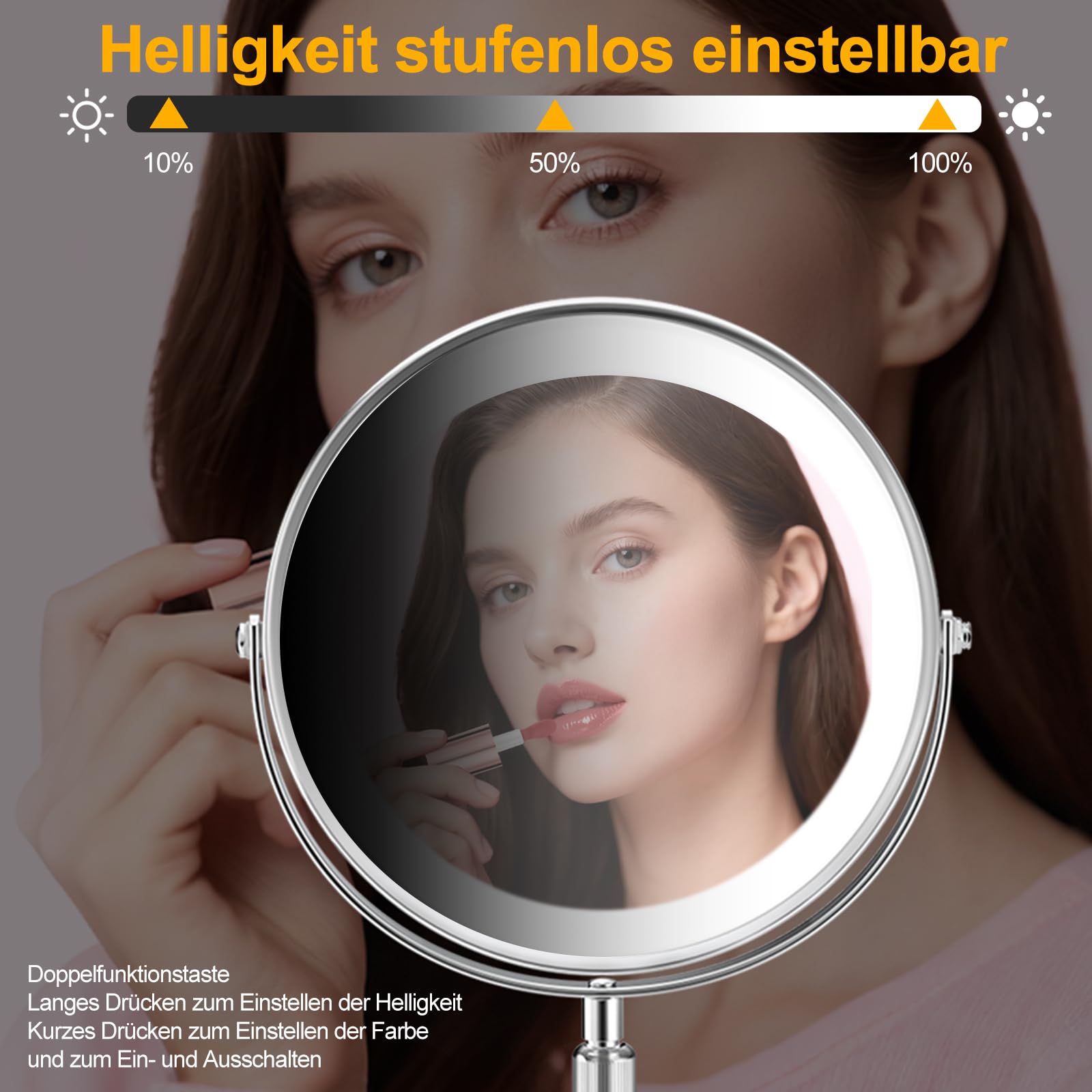AIMAX 10X/1X Wiederaufladbarer Kosmetikspiegel mit Beleuchtung, 38-48 cm Höhenverstellbarer 8 Zoll Schminkspiegel, 3 Lichtfarben&Helligkeit Dimmbar, 360° drehbarer Doppelseitiger Tischspiegel
