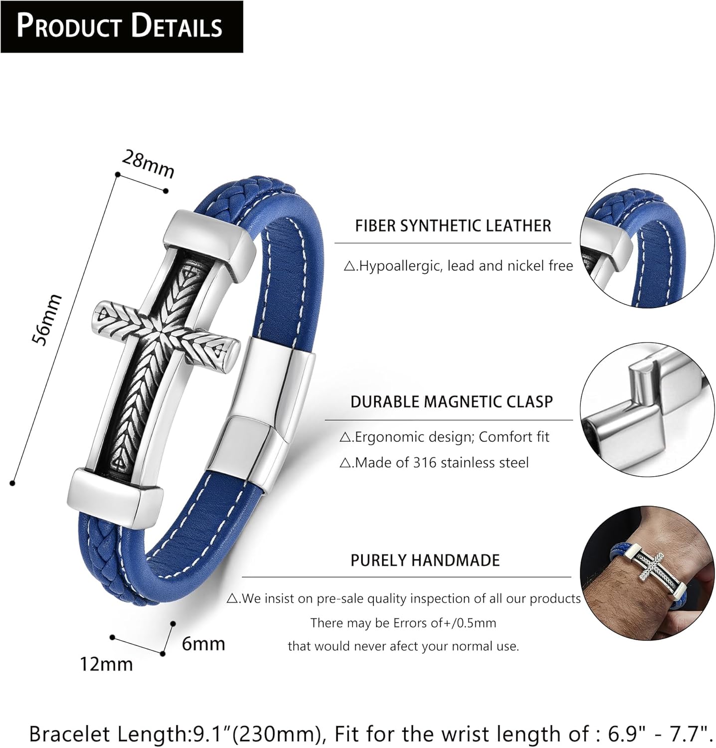 Mens Leather Cross Bracelet Multi-Layer Braided Faith Cross Bracelet for Religious Bangle Wristband Jewelry for Men Women