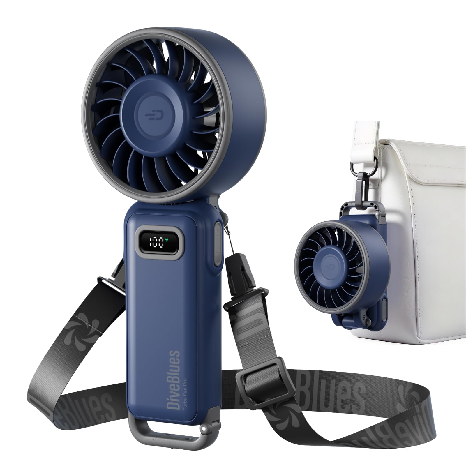 Diveblues Handventilator Tragbarer Turbo-Ventilator mit 100 Stufen und 7.4m/s Starkem Luftstrom, 180° Faltbarer 4-in-1 Mini-Ventilator für Hand, Hals und Tisch, Aufladbar für Sommer, Reise und Outdoor